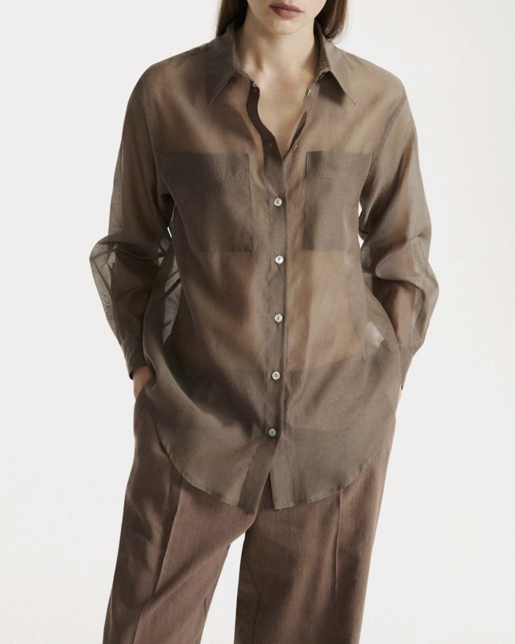 Camicia marrone Monochrome in mussola di misto cotone e seta con tasche applicate sul petto