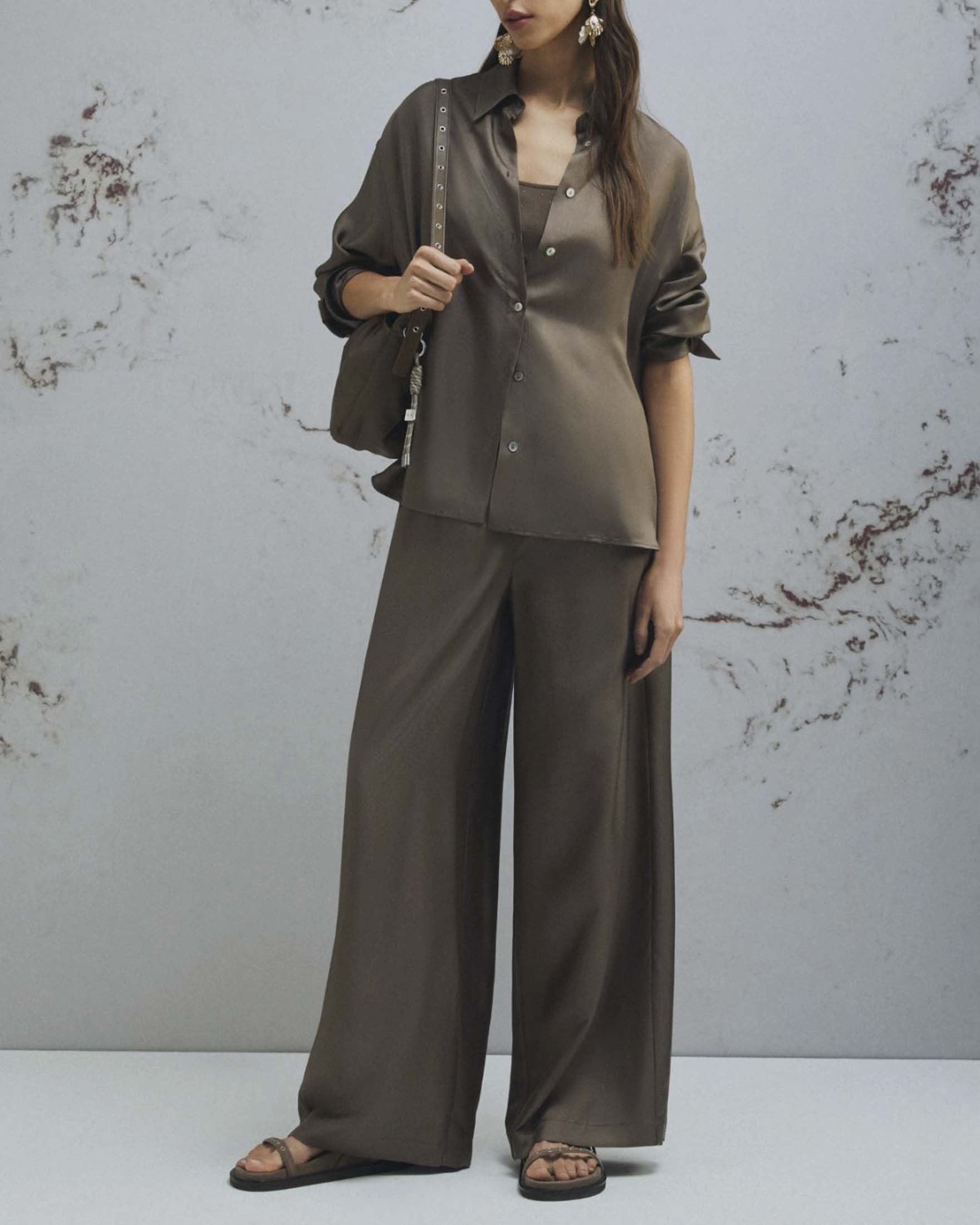 Pantalone wide Marella Monochrome color moro in twill di seta
