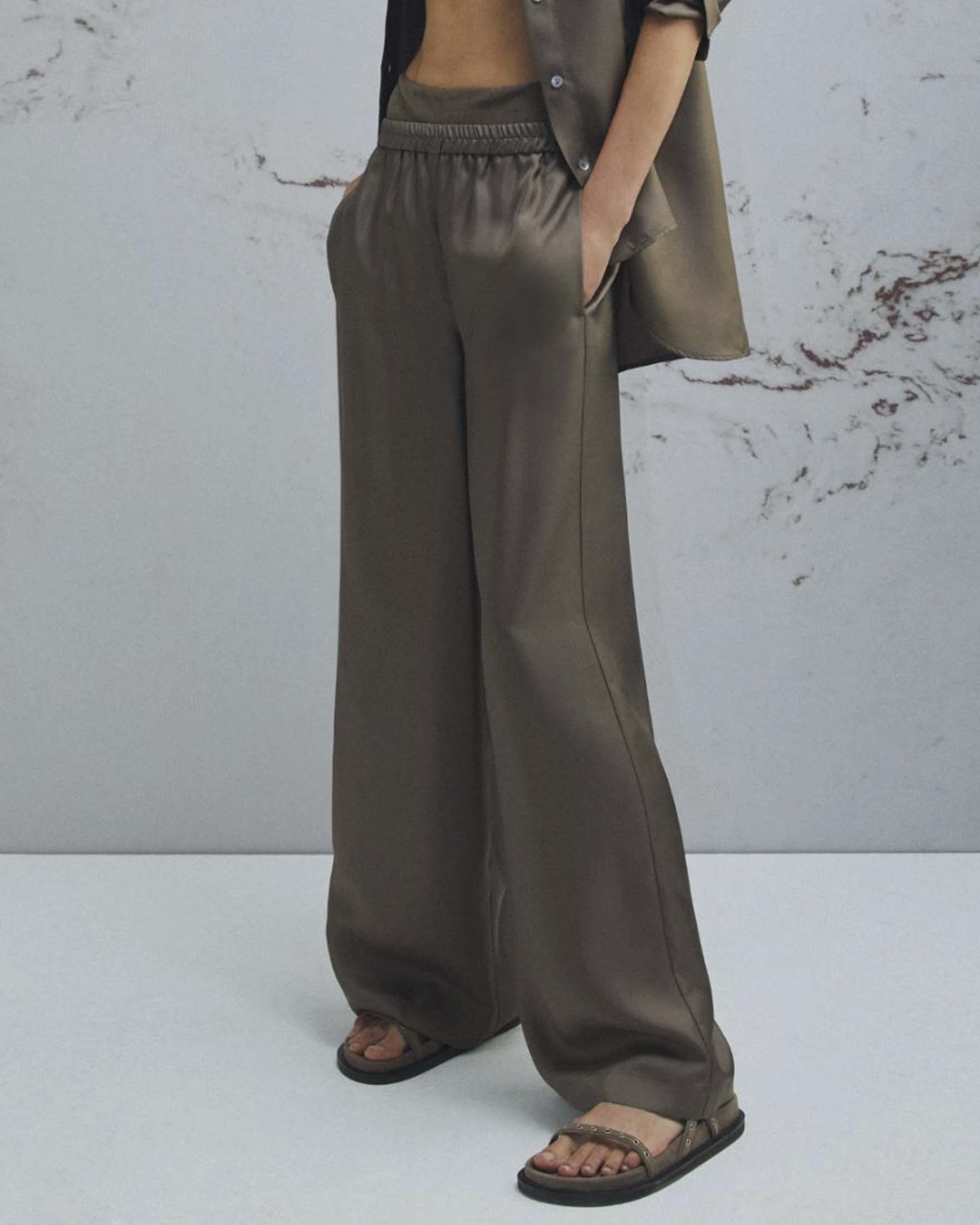 Pantalone wide Marella Monochrome color moro in twill di seta image