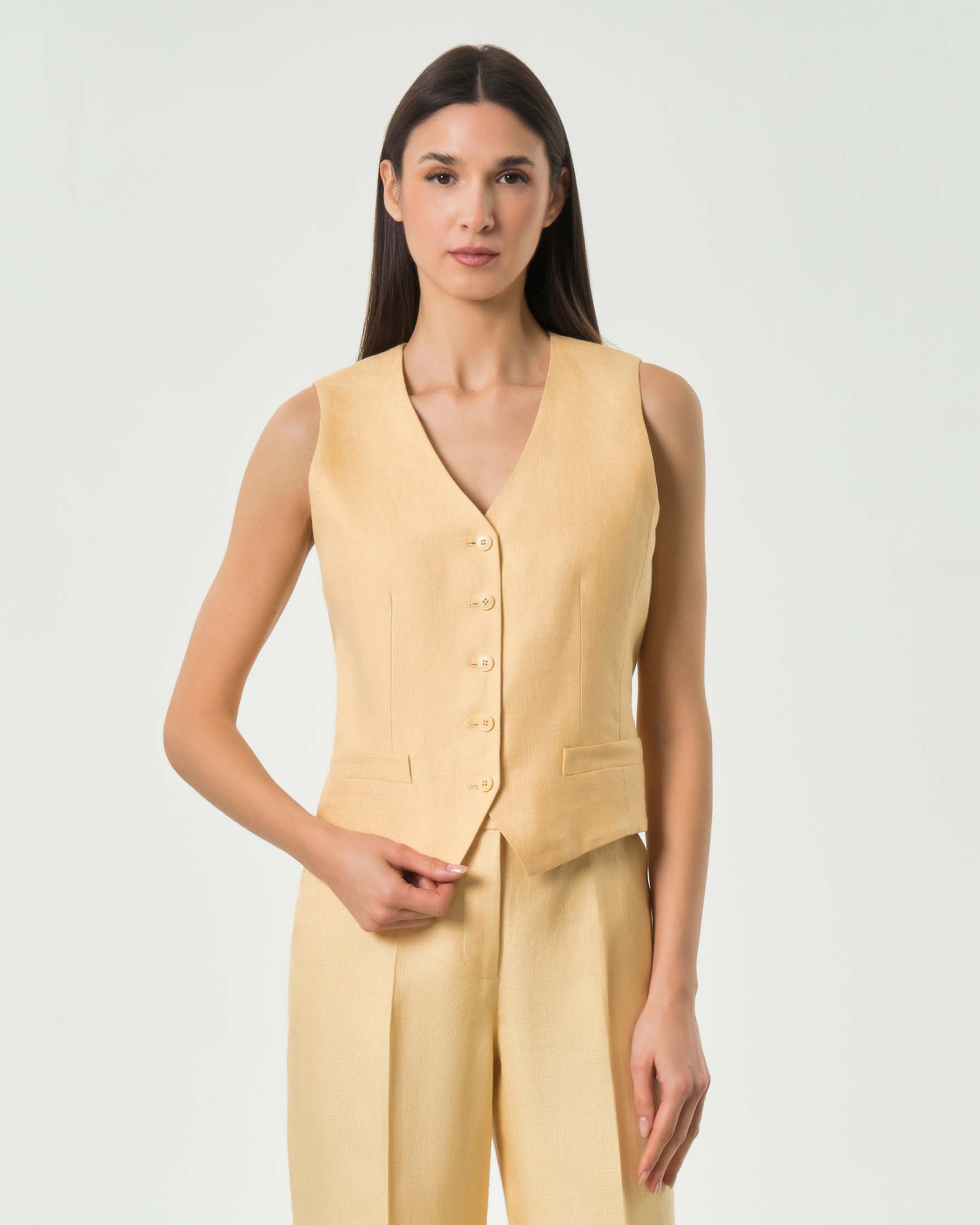Gilet giallo Weekend in lino dalla linea dritta con tasche a filetto