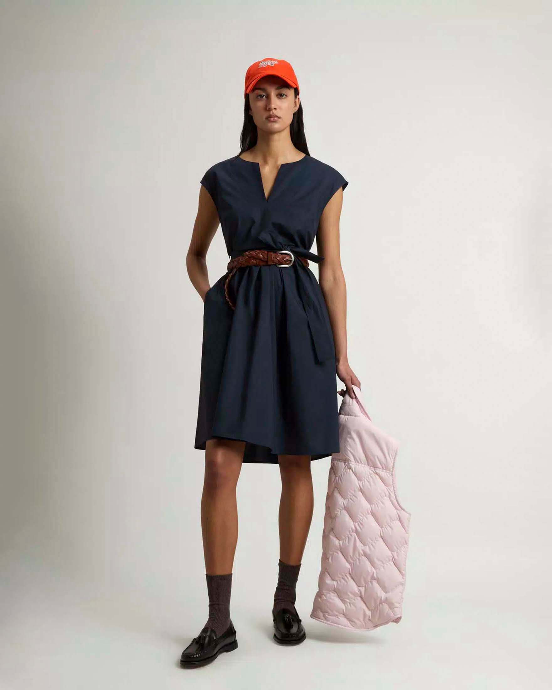 Abito midi Woolrich blu in popeline di cotone con scollo a V