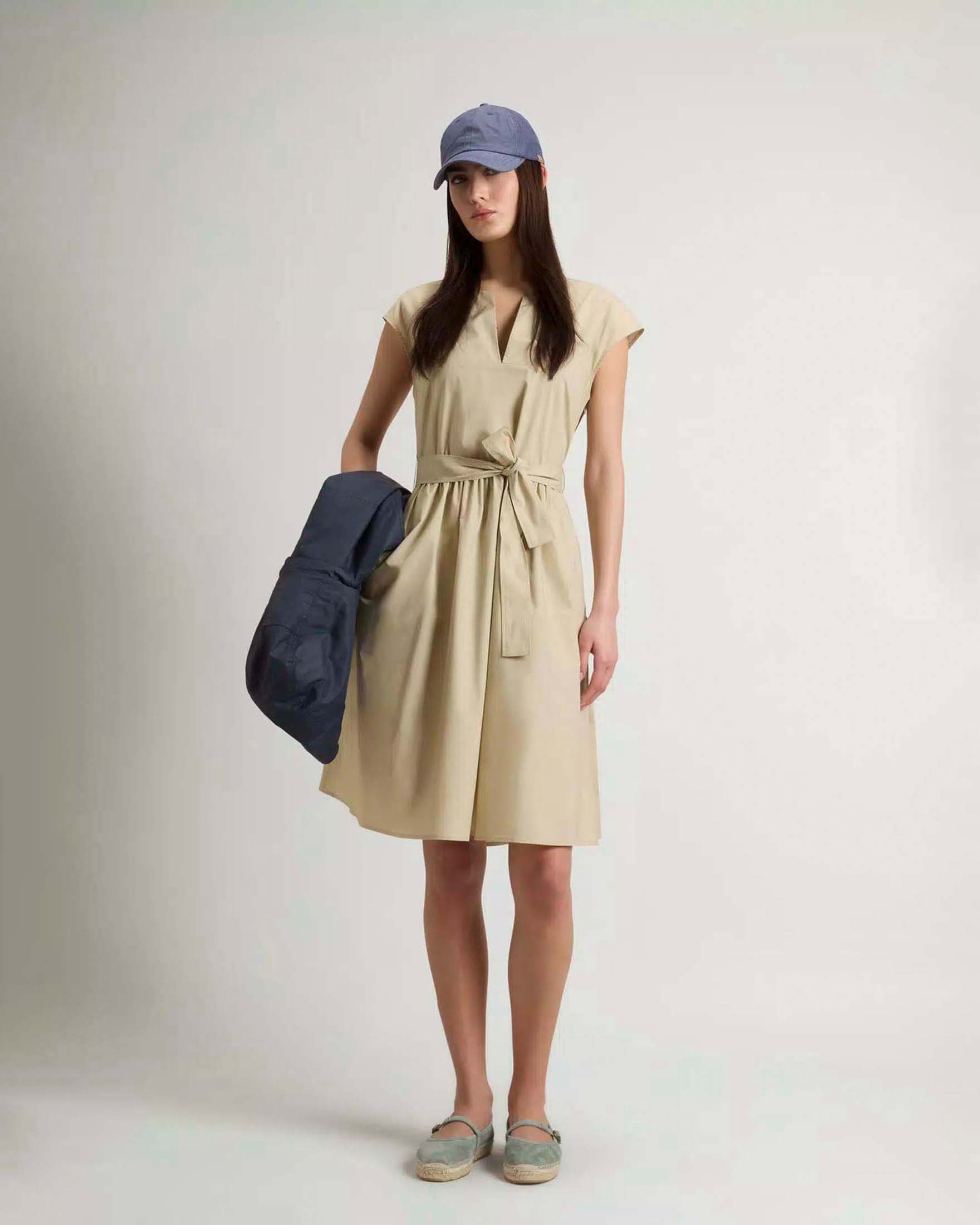 Abito midi Woolrich beige in popeline di cotone con cintura