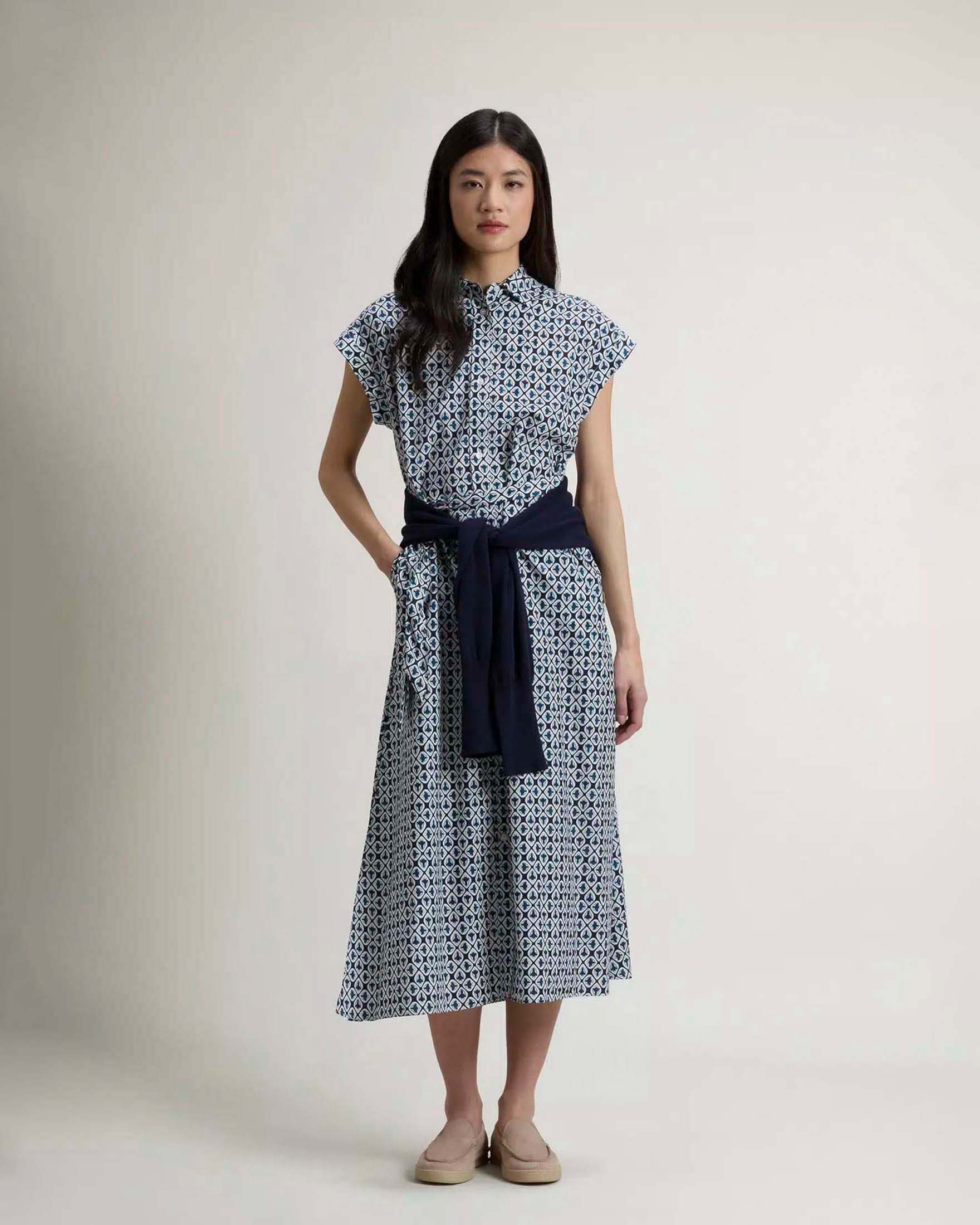 Abito chemisier midi Woolrich blu in misto cotone con stampa geometrica