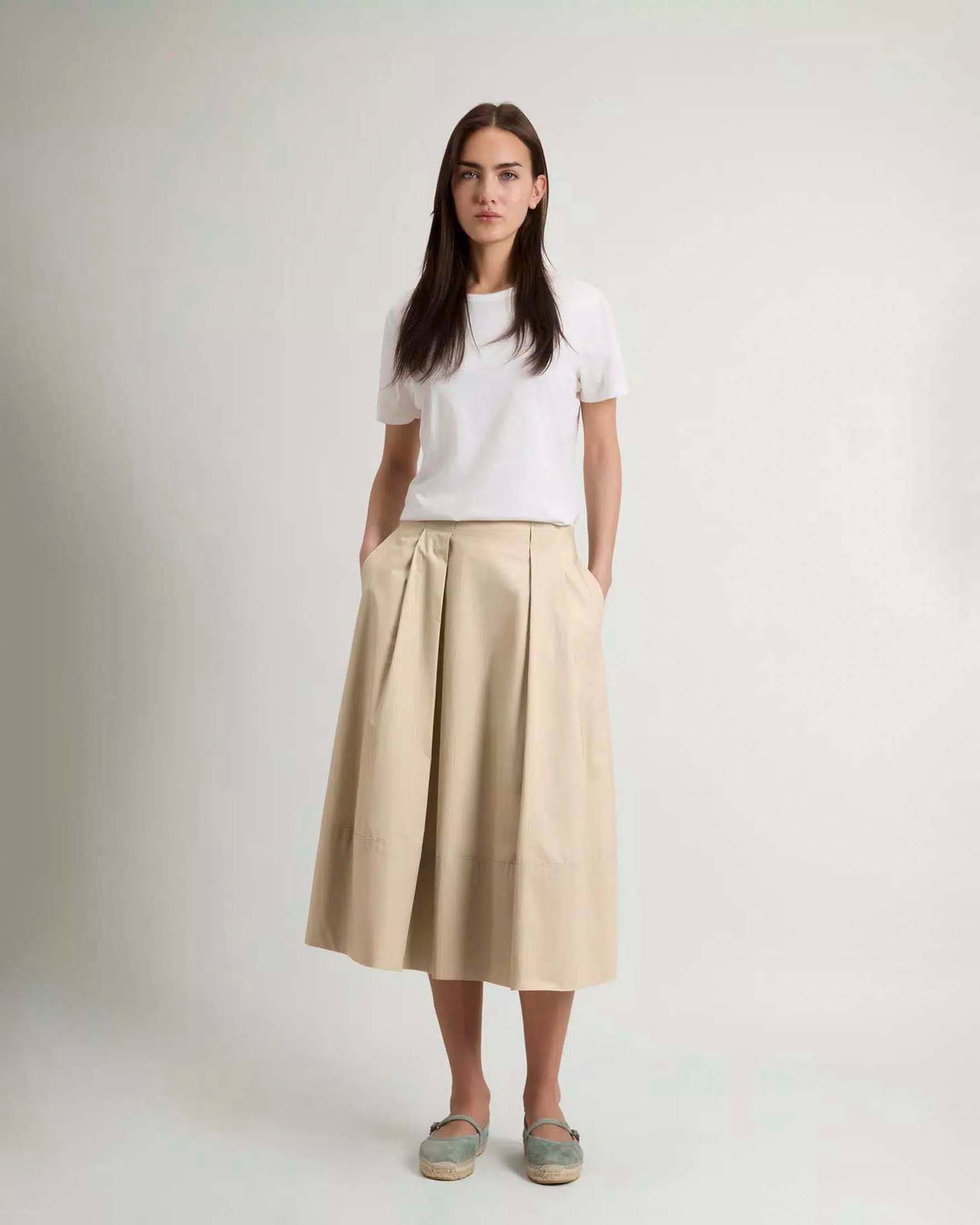 Gonna midi Woolrich beige in popeline di cotone a pieghe