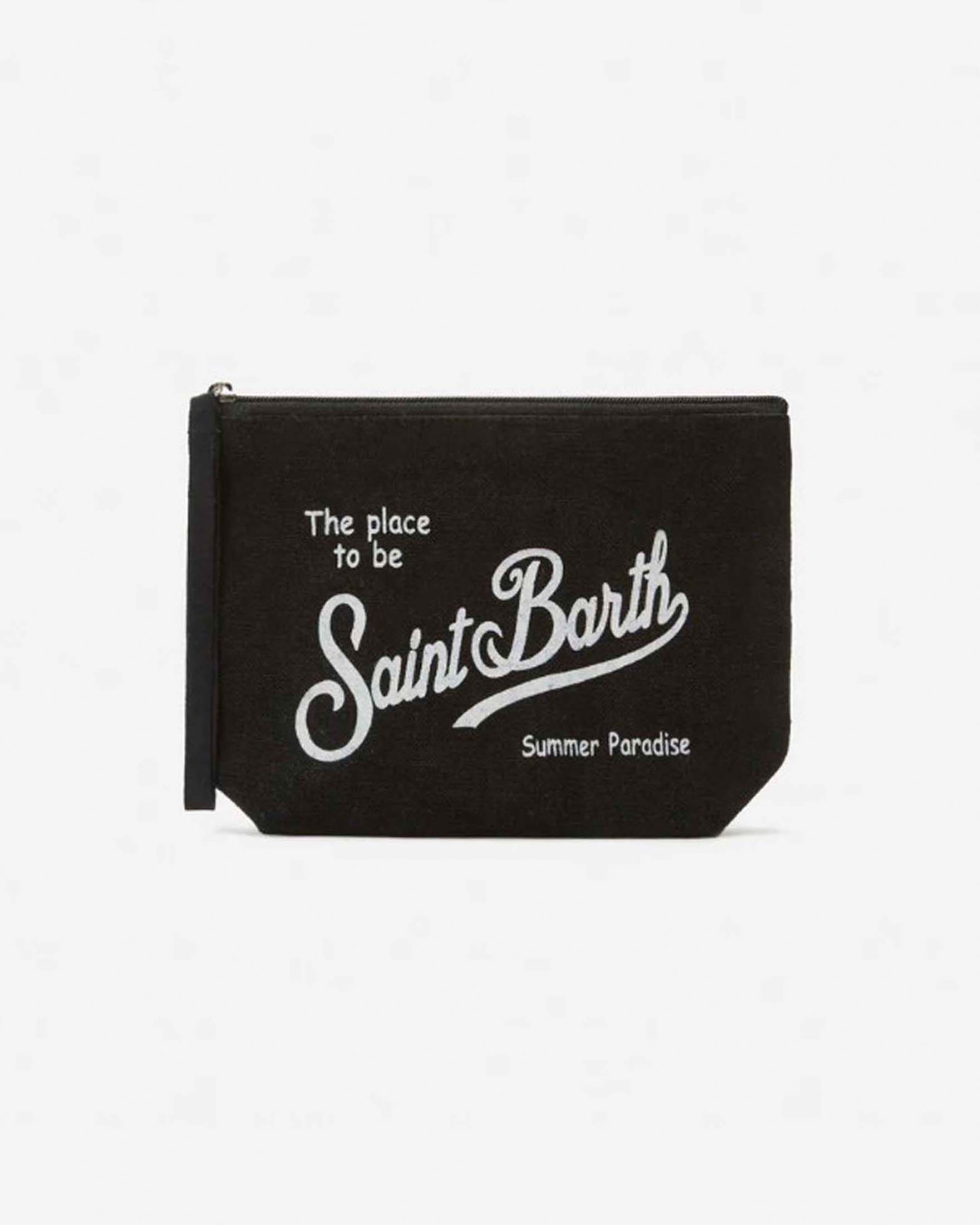 Pochette Aline nera in lino con scritta logo bianca stampata