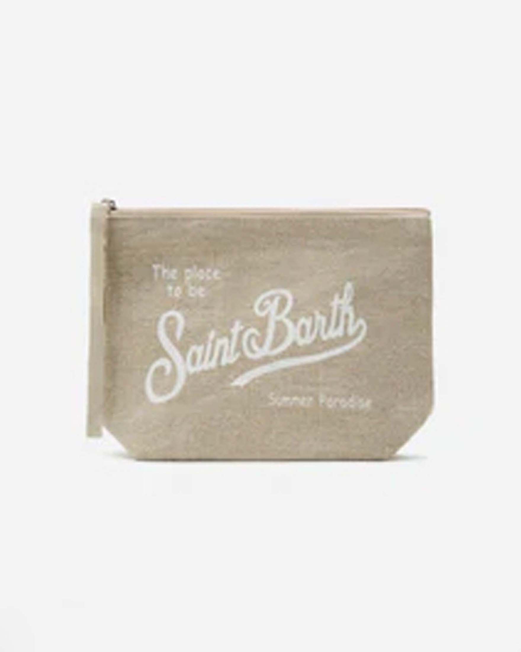 Pochette Aline beige in lino con scritta logo bianca stampata
