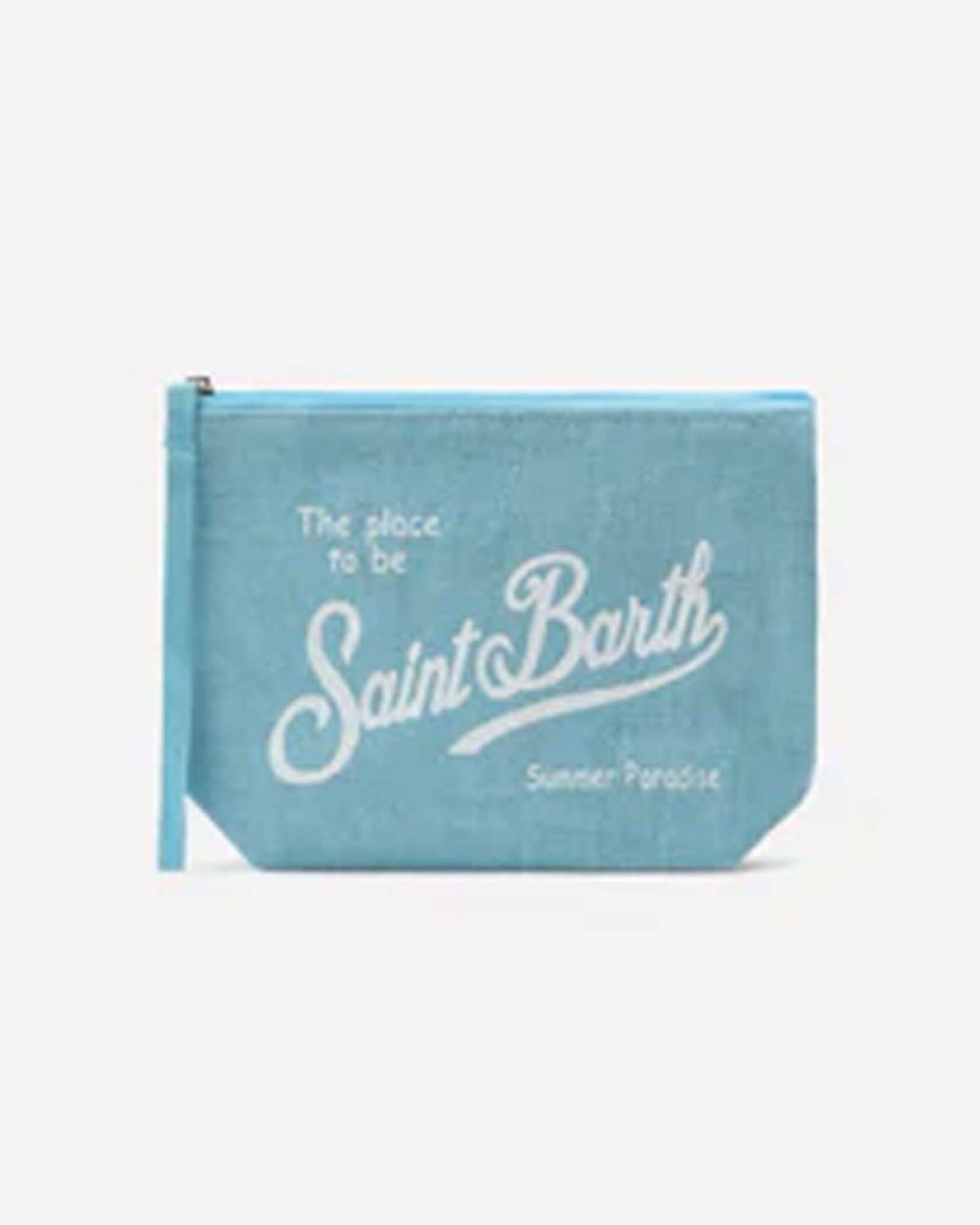 Pochette Aline azzurra in lino con scritta logo bianca stampata