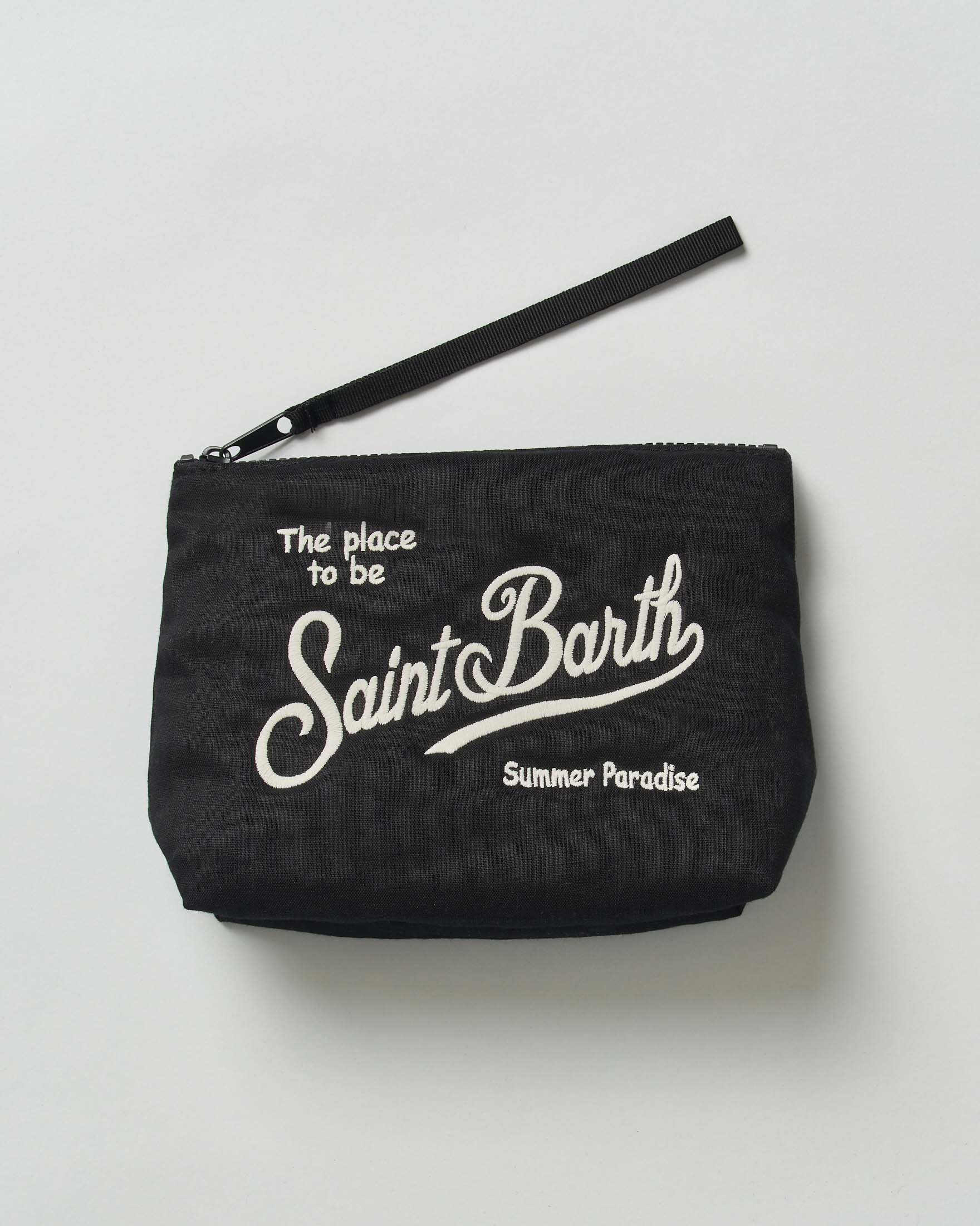 Pochette Aline nera in lino con scritta logo bianca ricamata