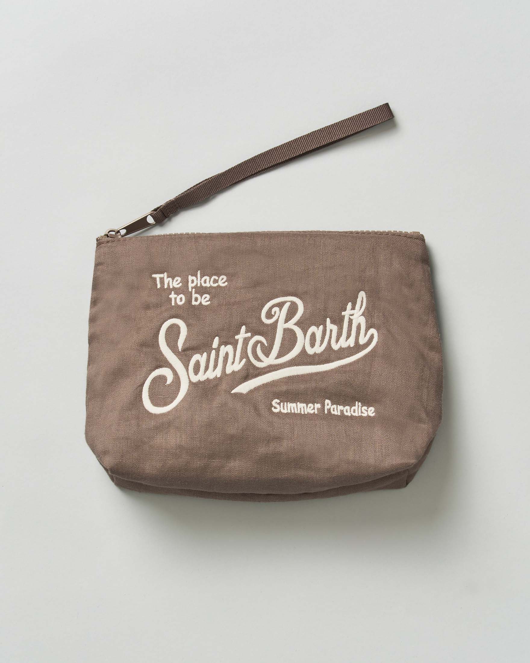 Pochette Aline marrone in lino con scritta logo panna ricamata