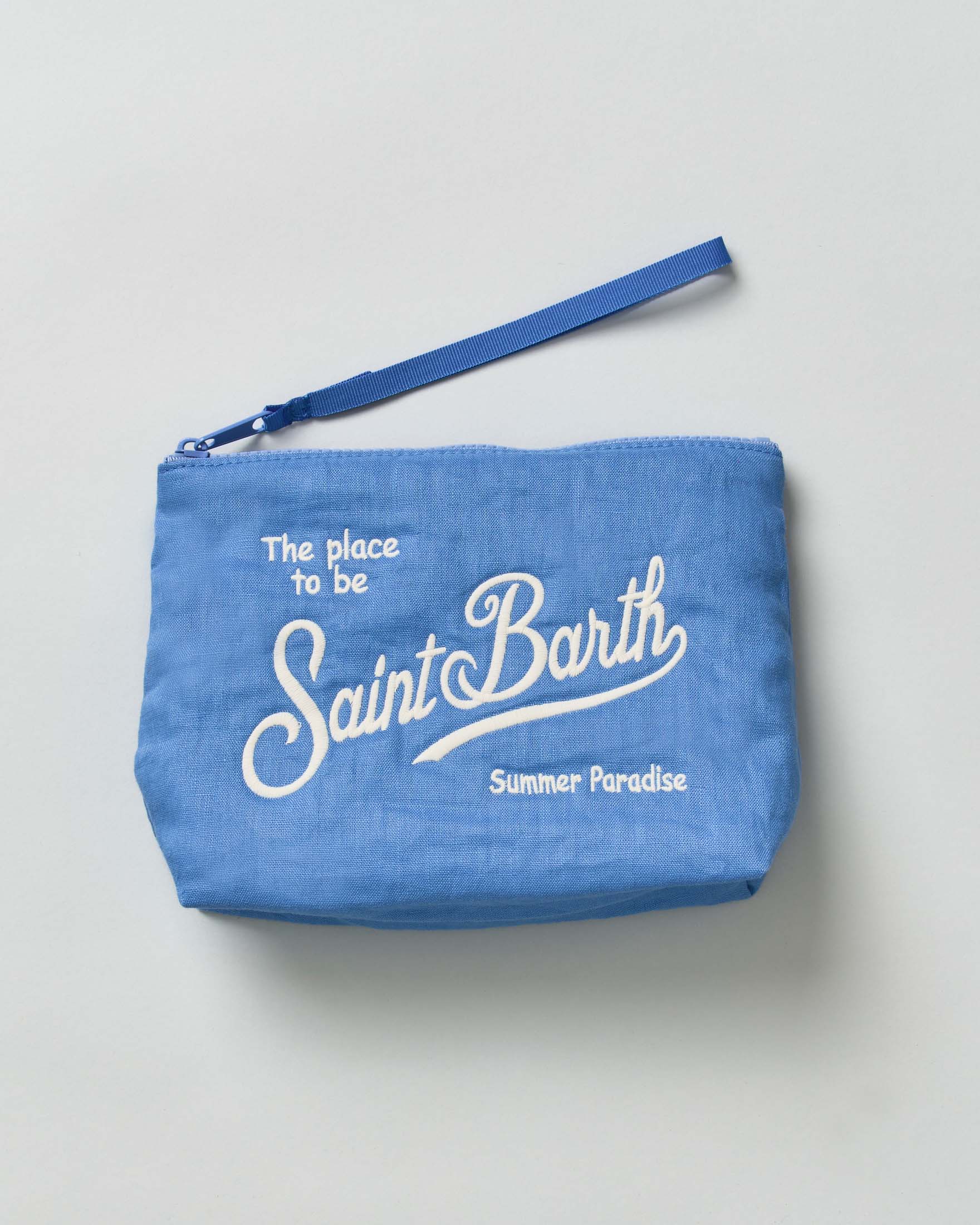 MC2 Saint Barth — Pochette MC2 Saint Barth Aline blu royal in lino con scritta logo bianca ricamata