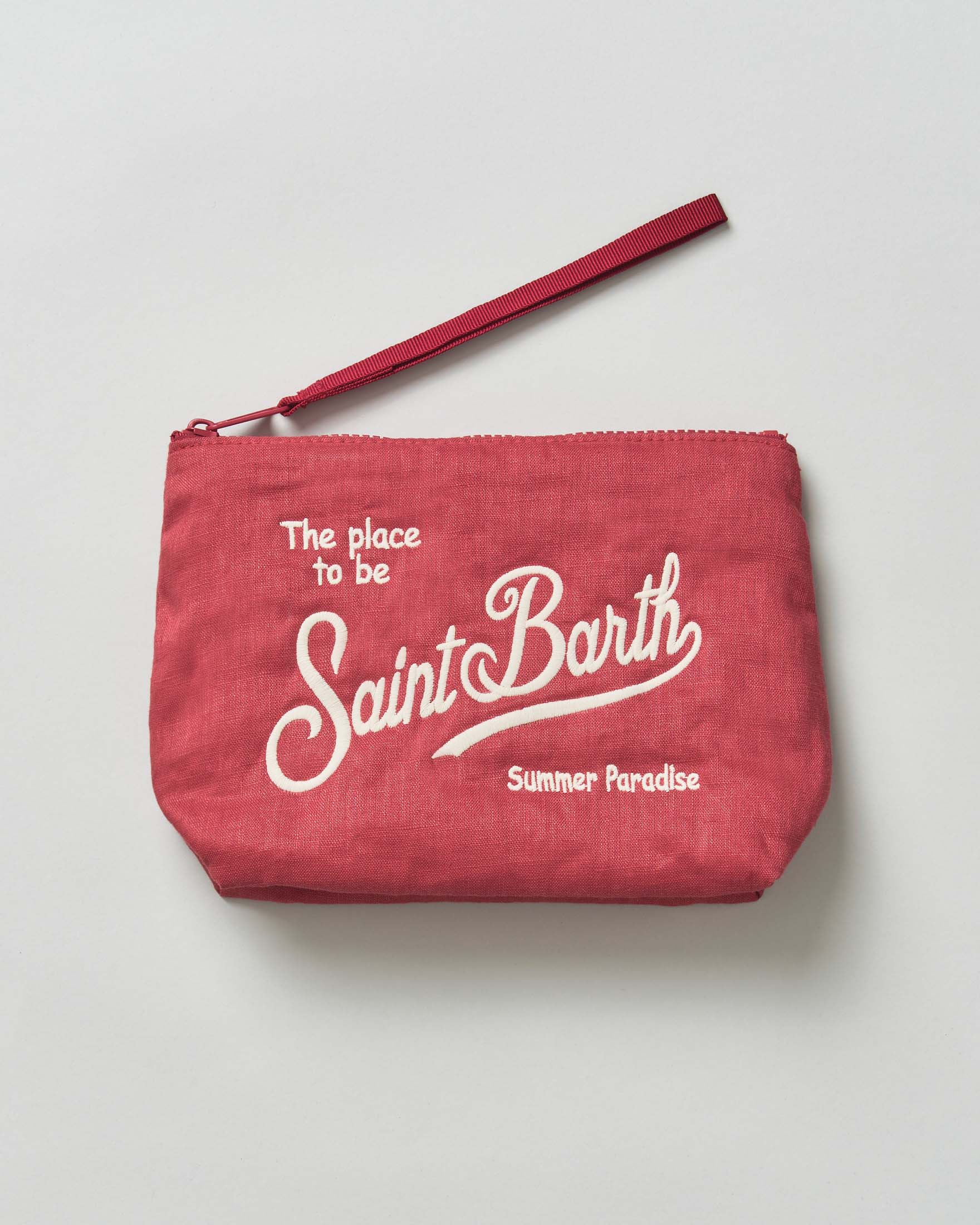 Pochette Aline rosso mattone in lino con scritta logo bianca ricamata