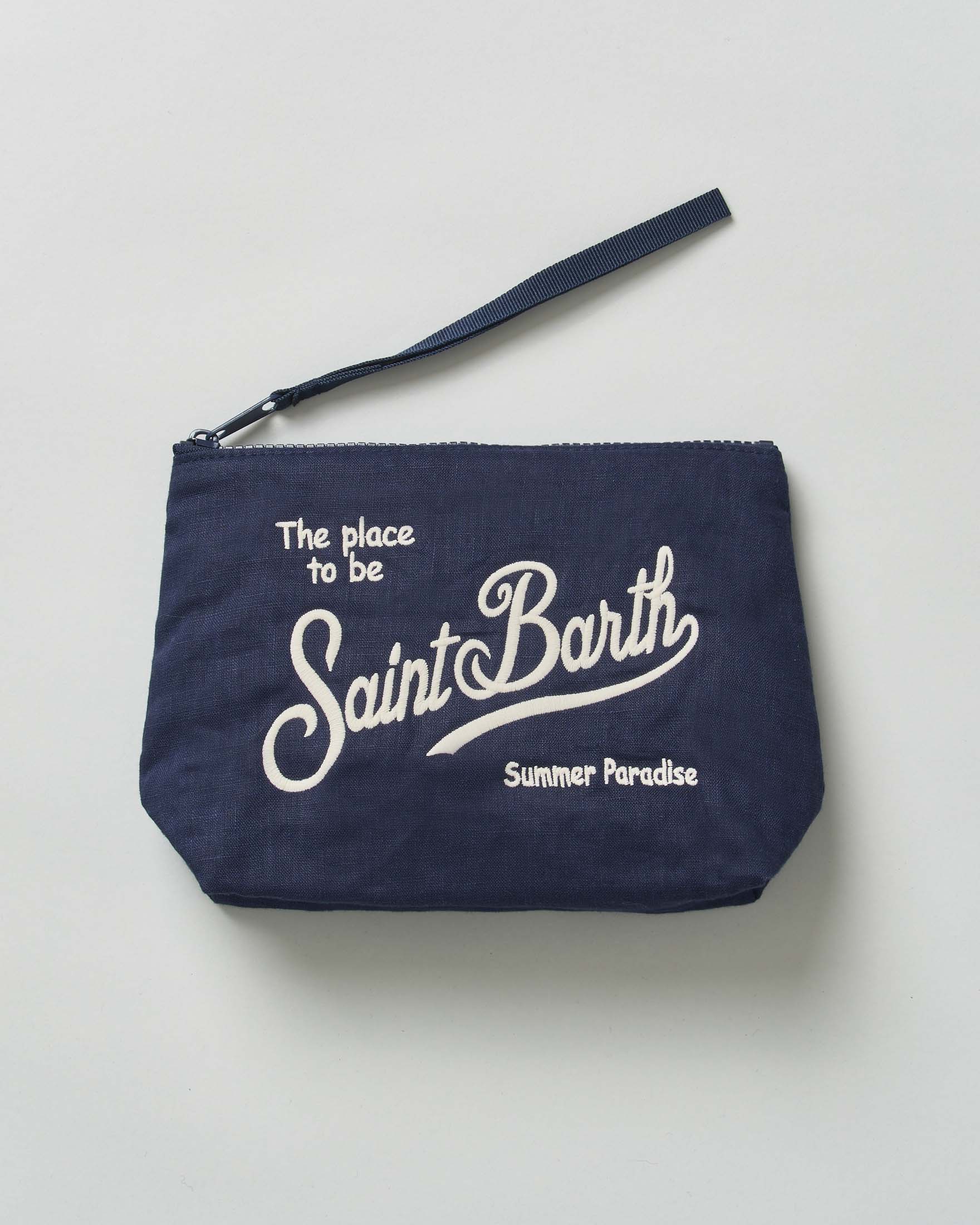 Pochette Aline blu in lino con scritta logo bianca ricamata