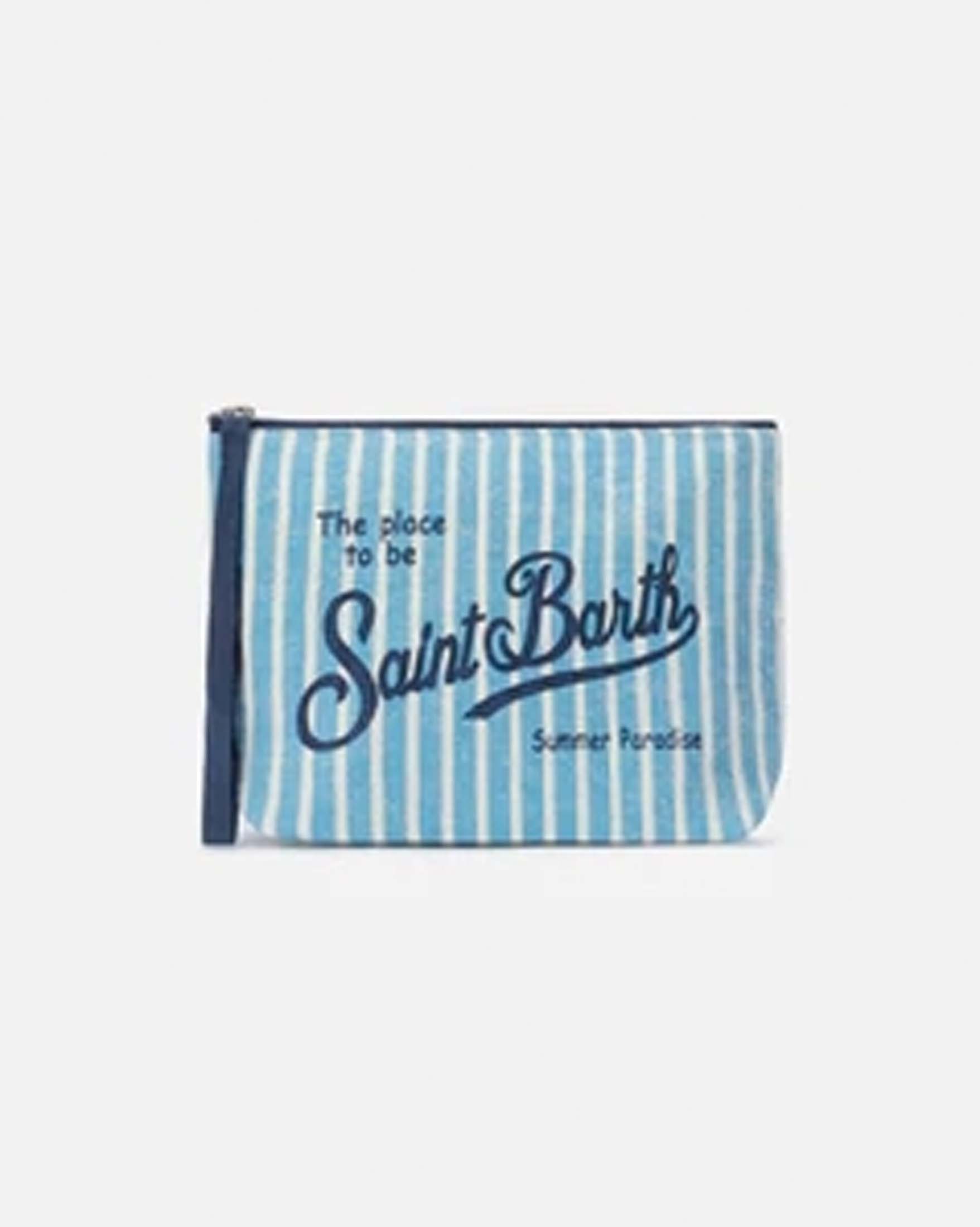 Pochette Aline azzurra a righe bianche in lino con scritta logo blu stampata