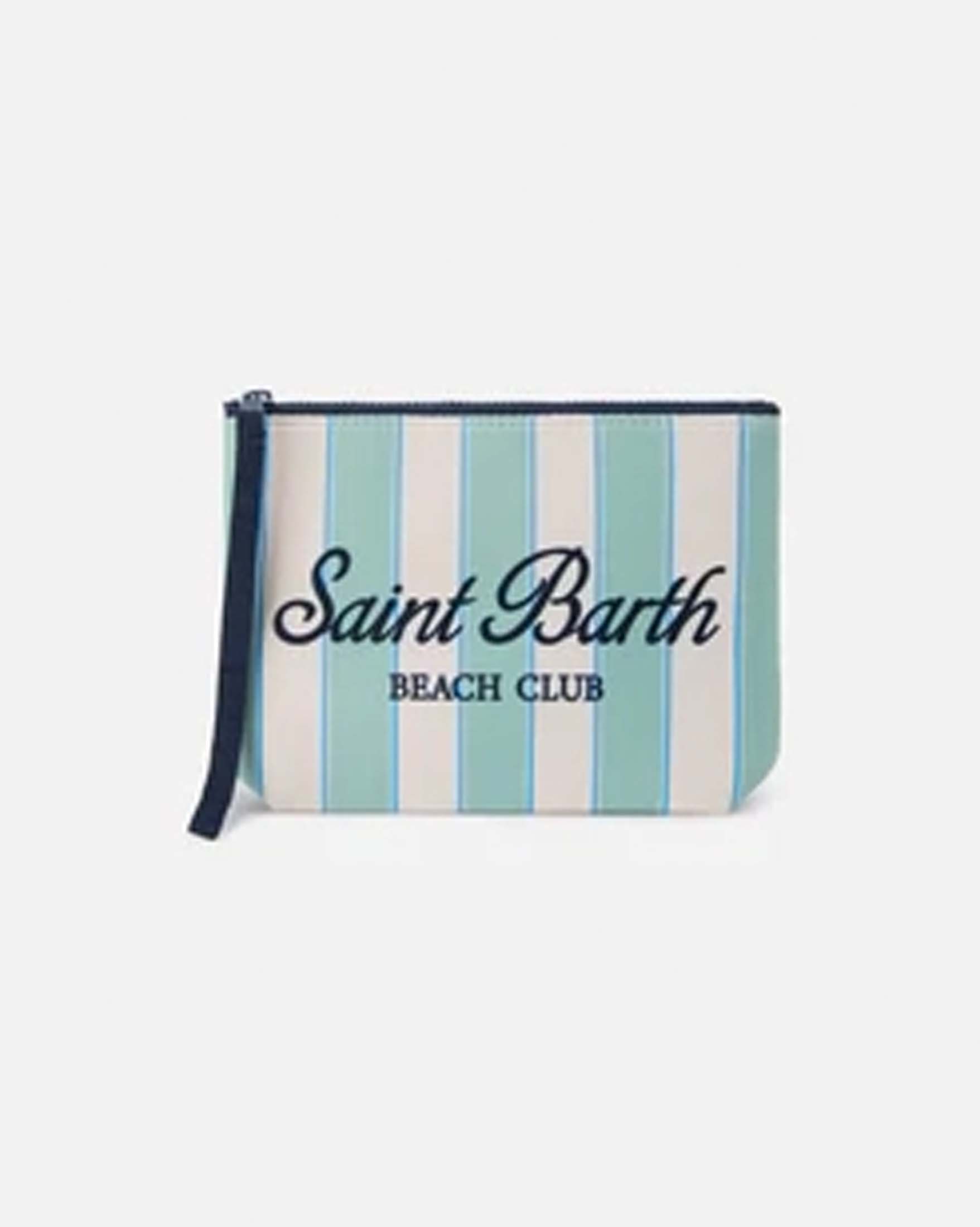 Pochette Aline a righe salvia e bianche in neoprene con logo beach club