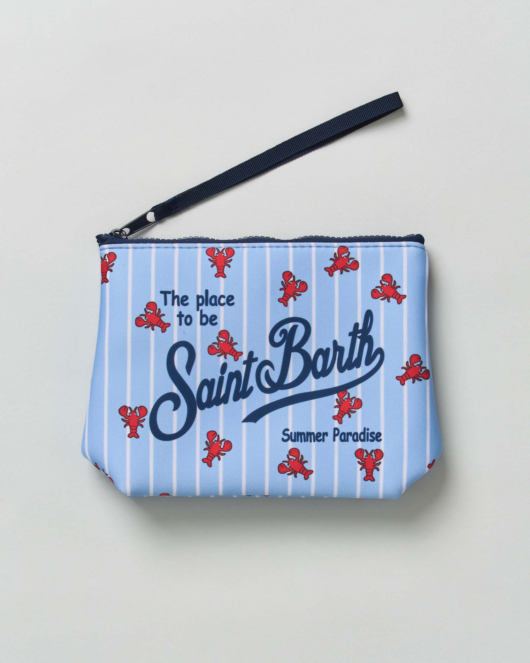 Pochette Aline in neoprene azzurra a righe bianche con fantasia aragoste