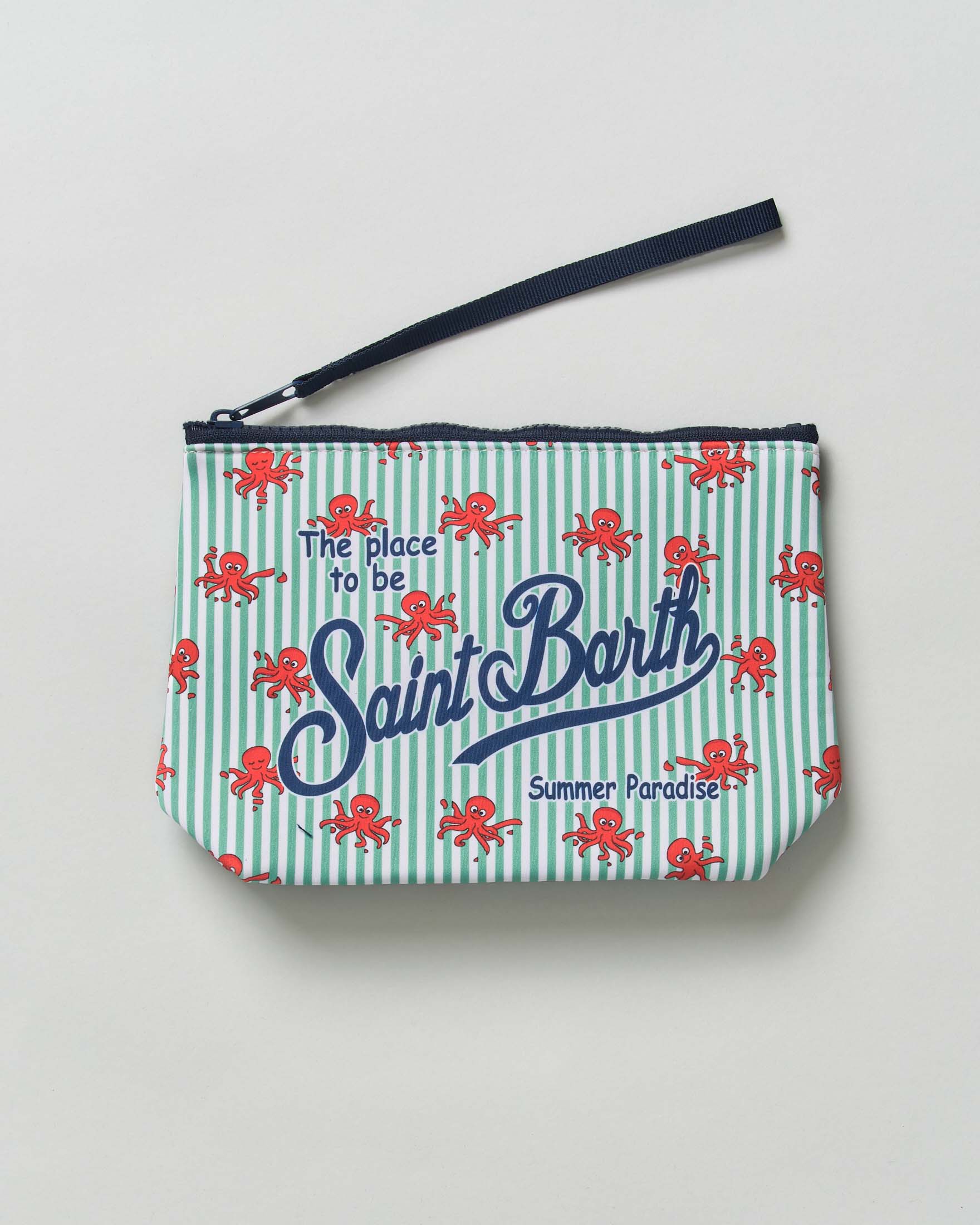 Pochette Aline in neoprene a righe bianche e salvia con fantasia polipetti