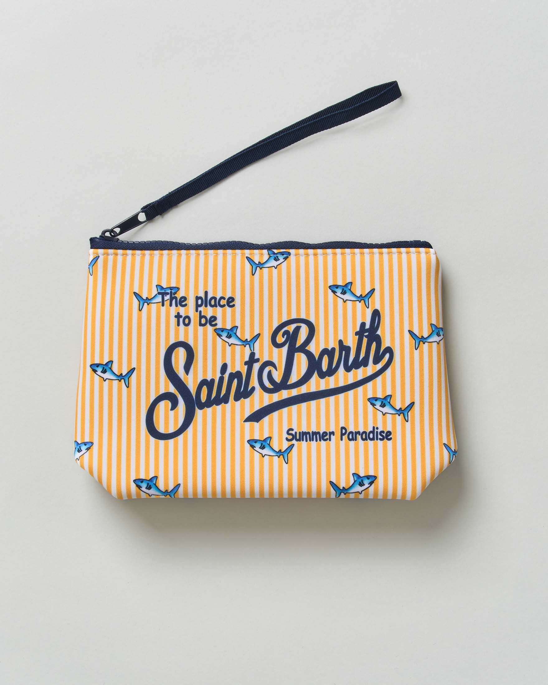 Pochette Aline in neoprene a righe bianche e gialle con fantasia squaletti