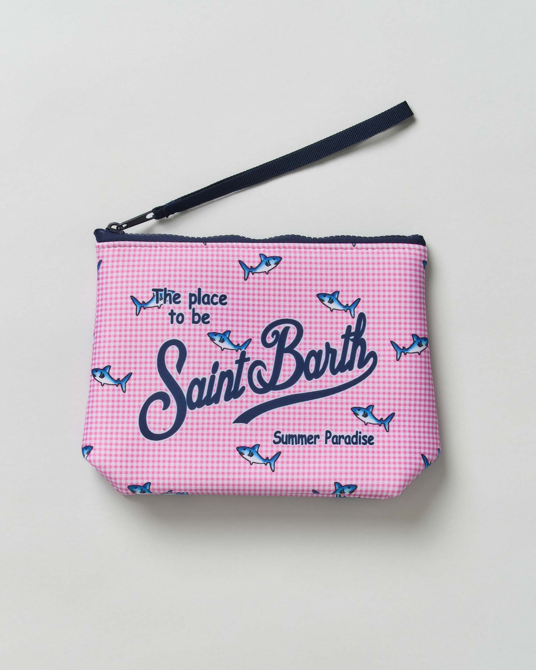 Pochette Aline in neoprene a micro quadretti bianchi e rosa con fantasia squaletti