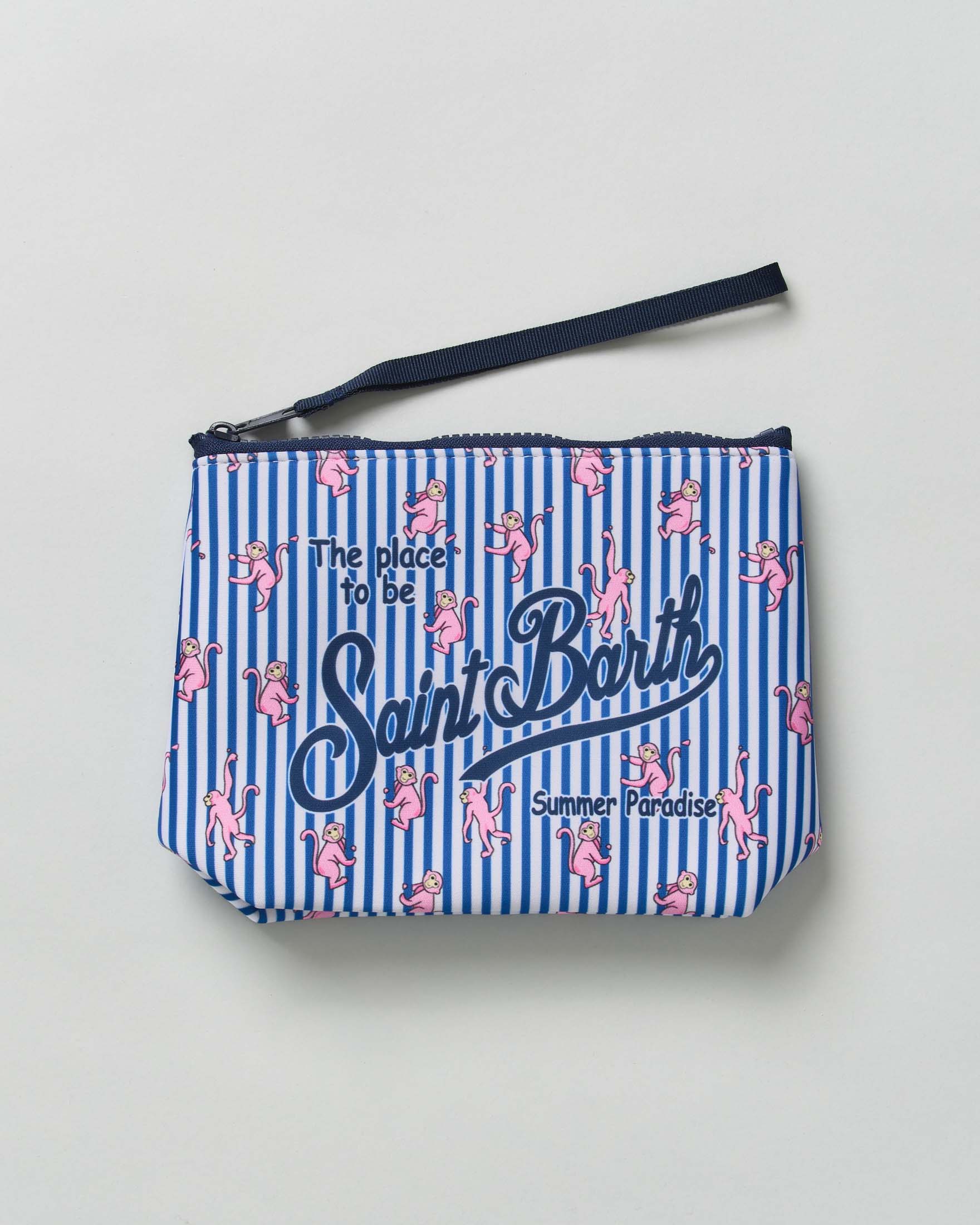 Pochette Aline in neoprene a righe bianche e blu royal con fantasia scimmiette rosa