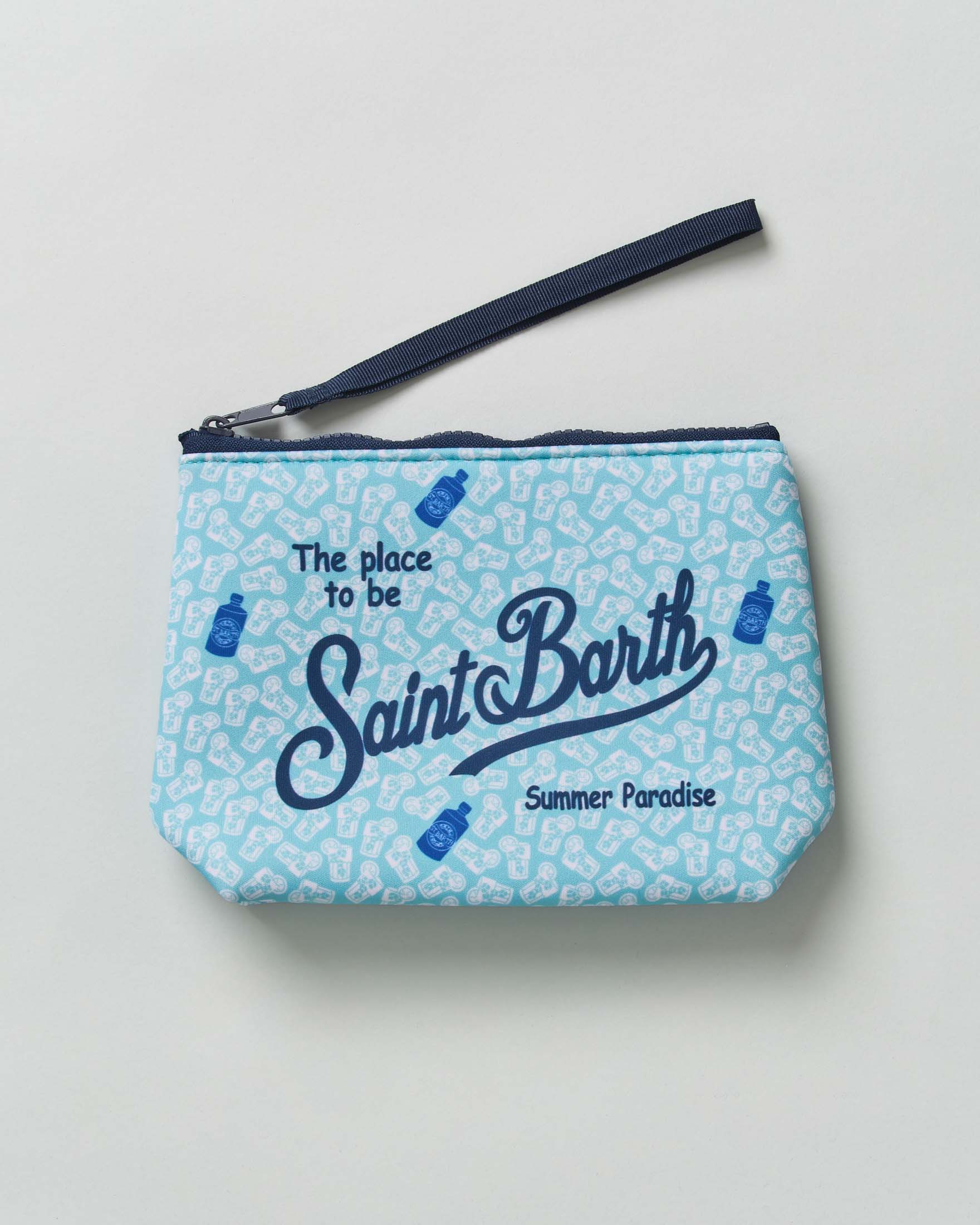 Pochette Aline color acqua in neoprene con fantasia bicchieri e bottiglie
