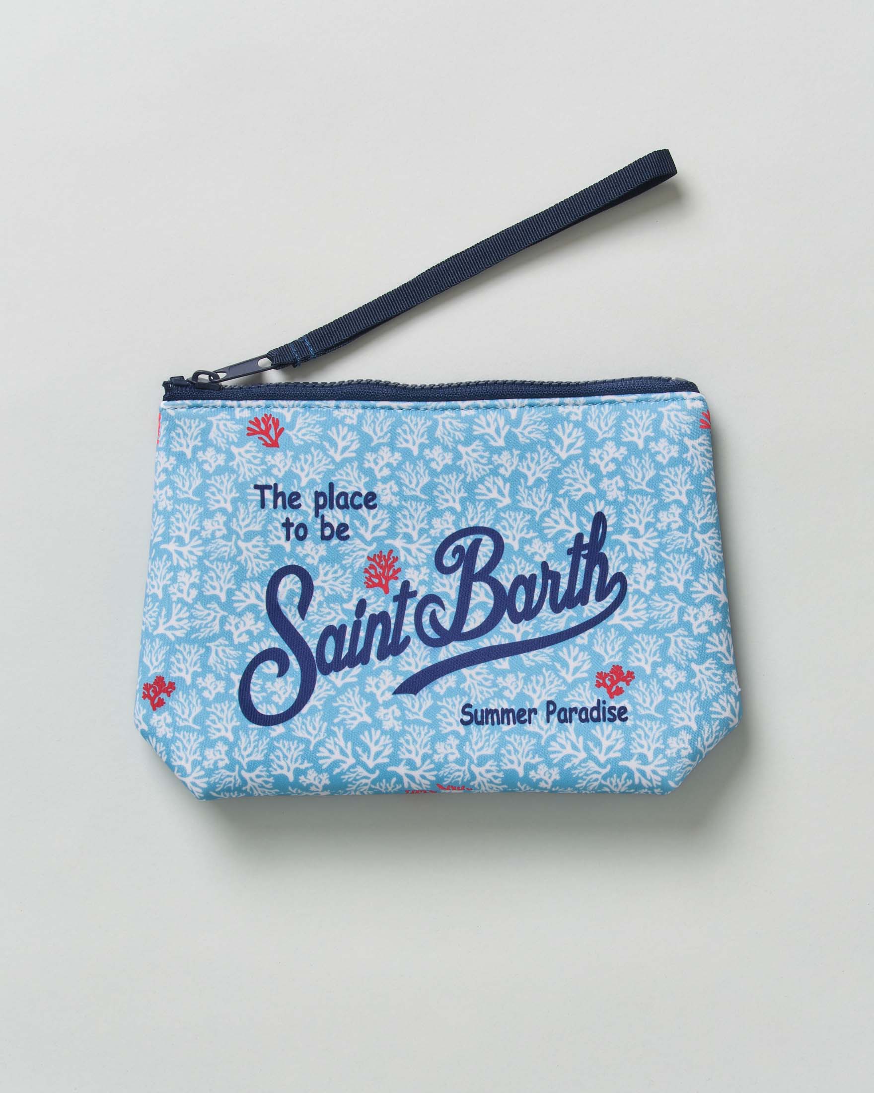Pochette Aline azzurra in neoprene con fantasia coralli