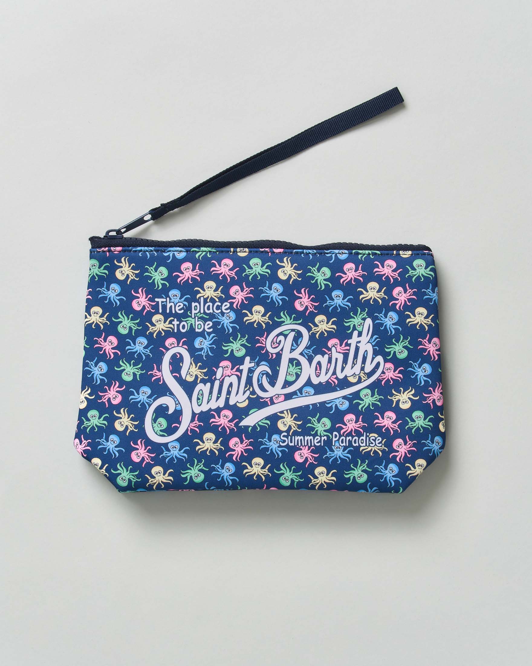 Pochette Aline blu in neoprene con fantasia polipetti multicolor