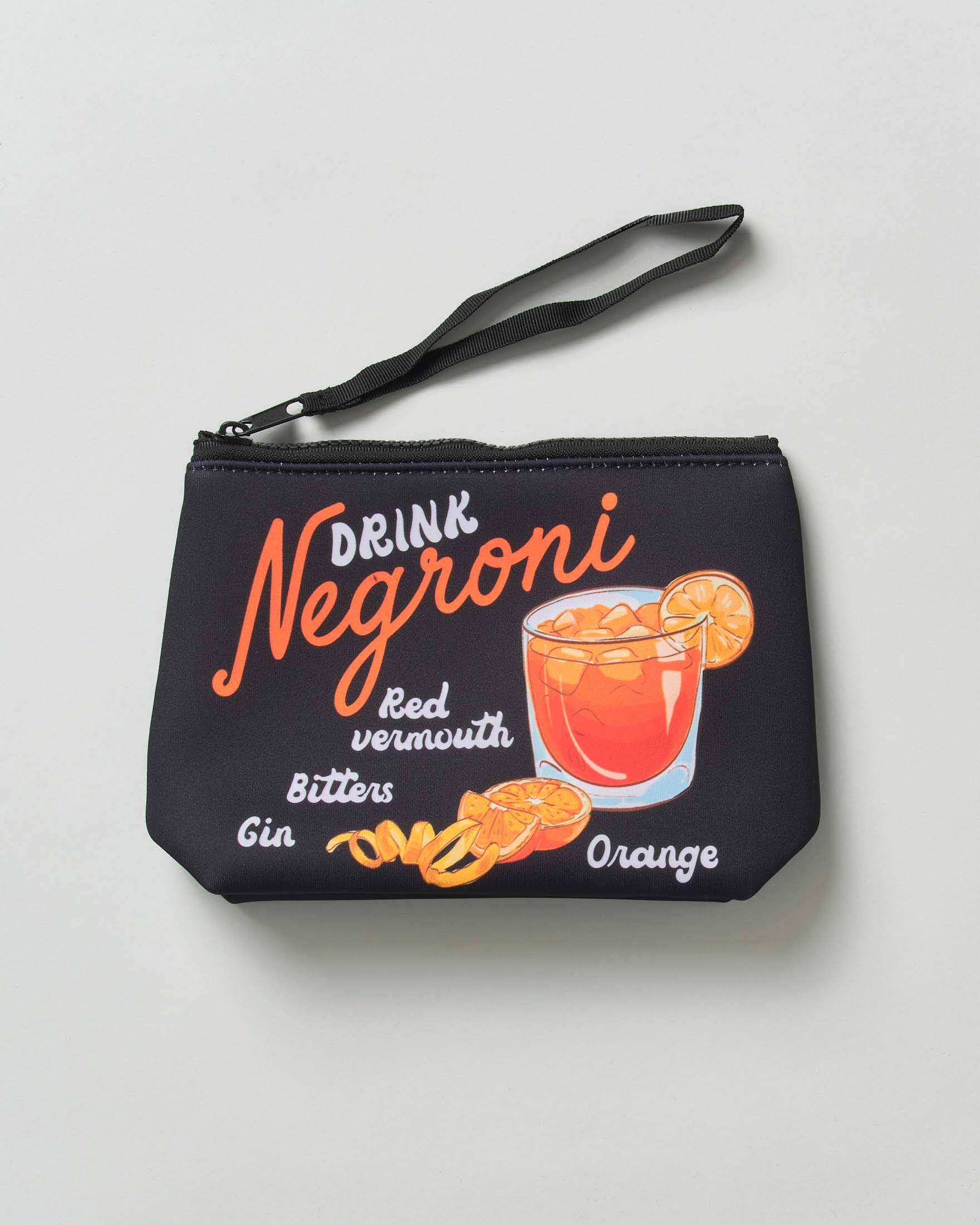 Pochette Aline nera in neoprene con fantasia ingredenti Negroni