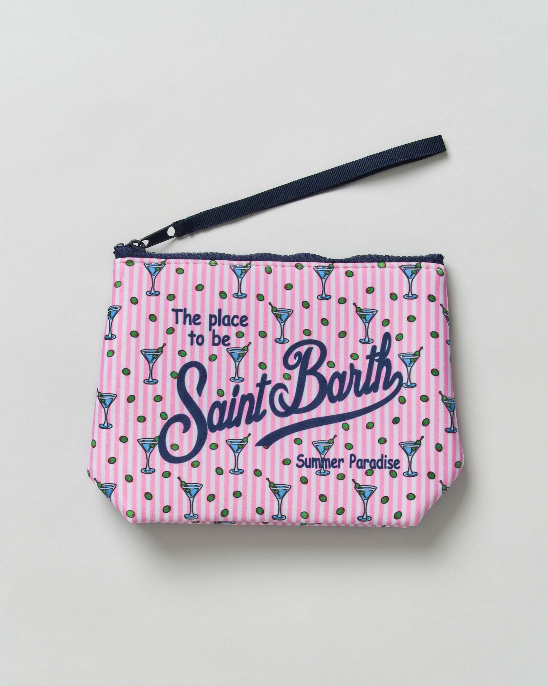 Pochette Aline a righe bianche e rosa in neoprene con fantasia cocktail