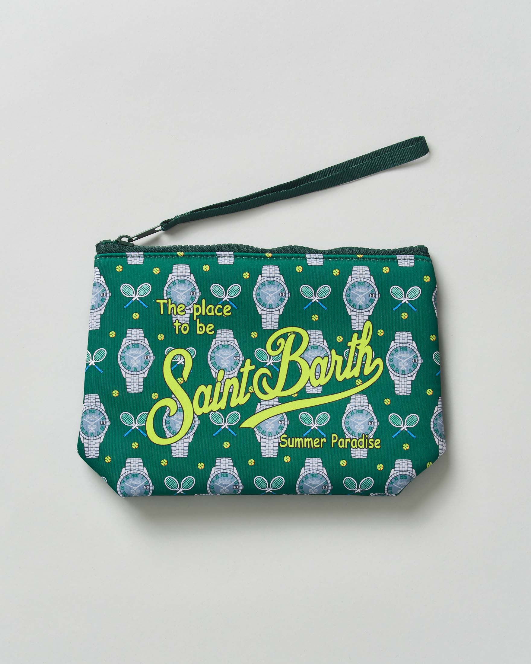 Pochette Aline verde in neoprene con fantasia tennis e orologi