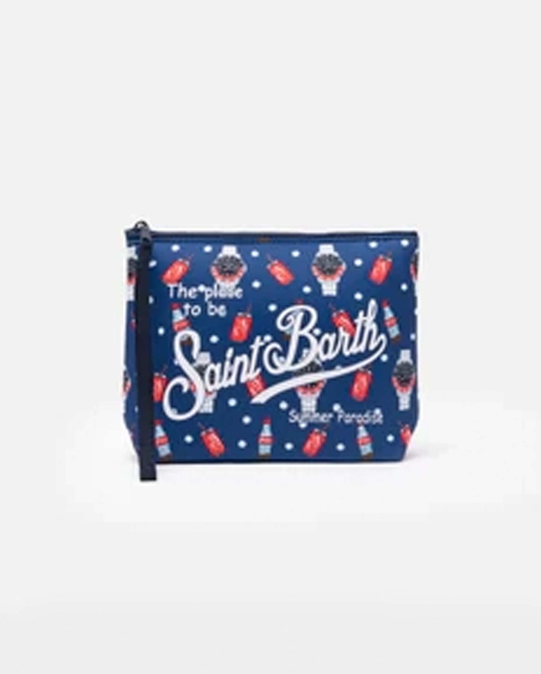 Pochette Aline blu in neoprene con fantasia cola e orologi