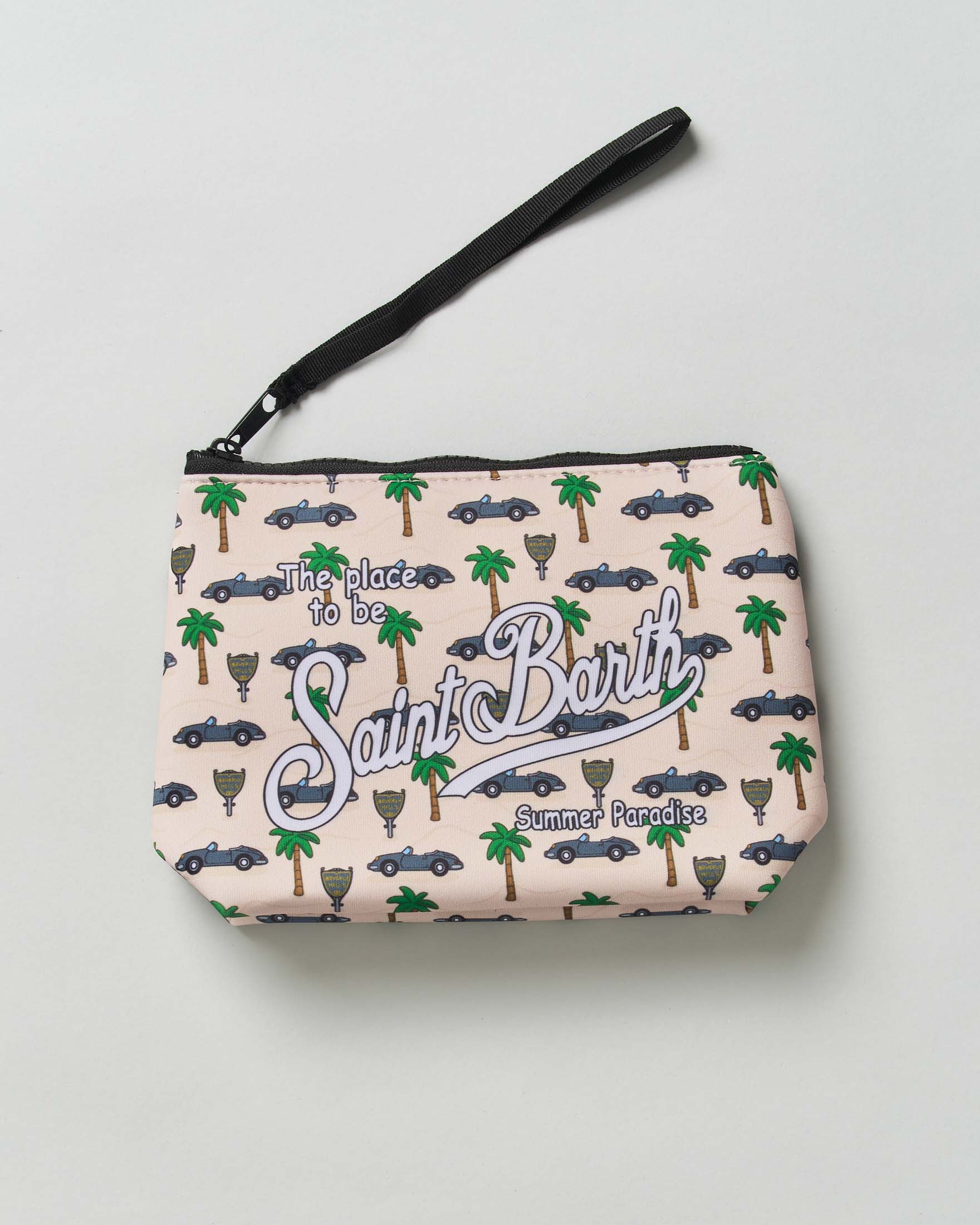 Pochette Aline beige in neoprene con stampa grafica Beverly Hills