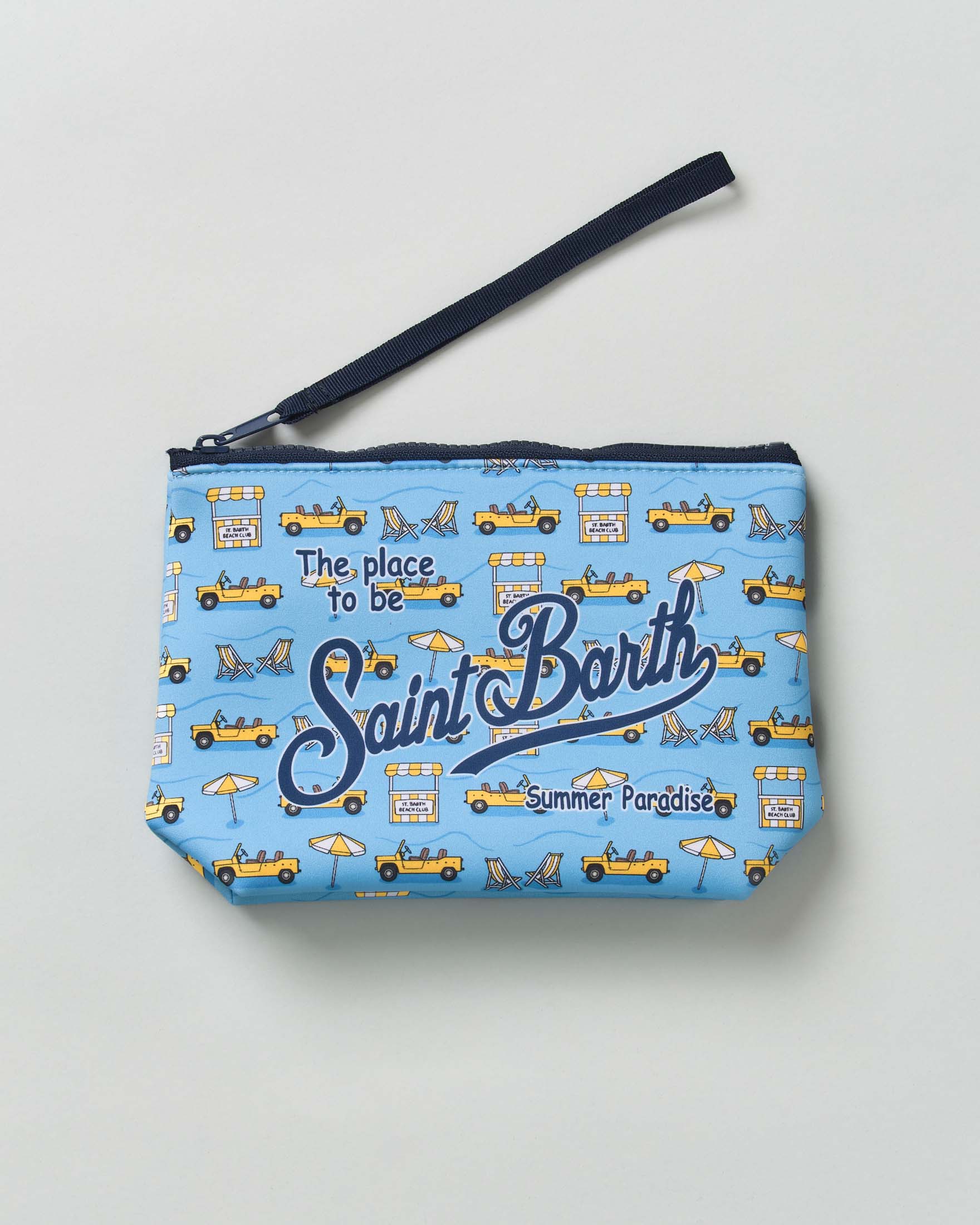 Pochette Aline azzurra in neoprene con stampa grafica Road to Formentera