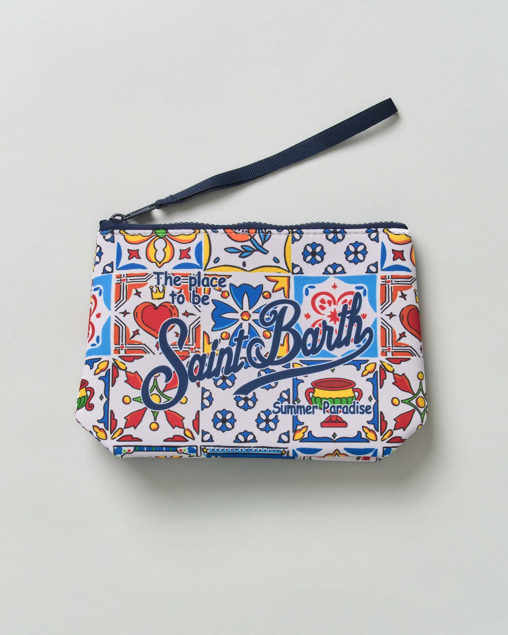 Pochette Aline bianca in neoprene con stampa patchwork