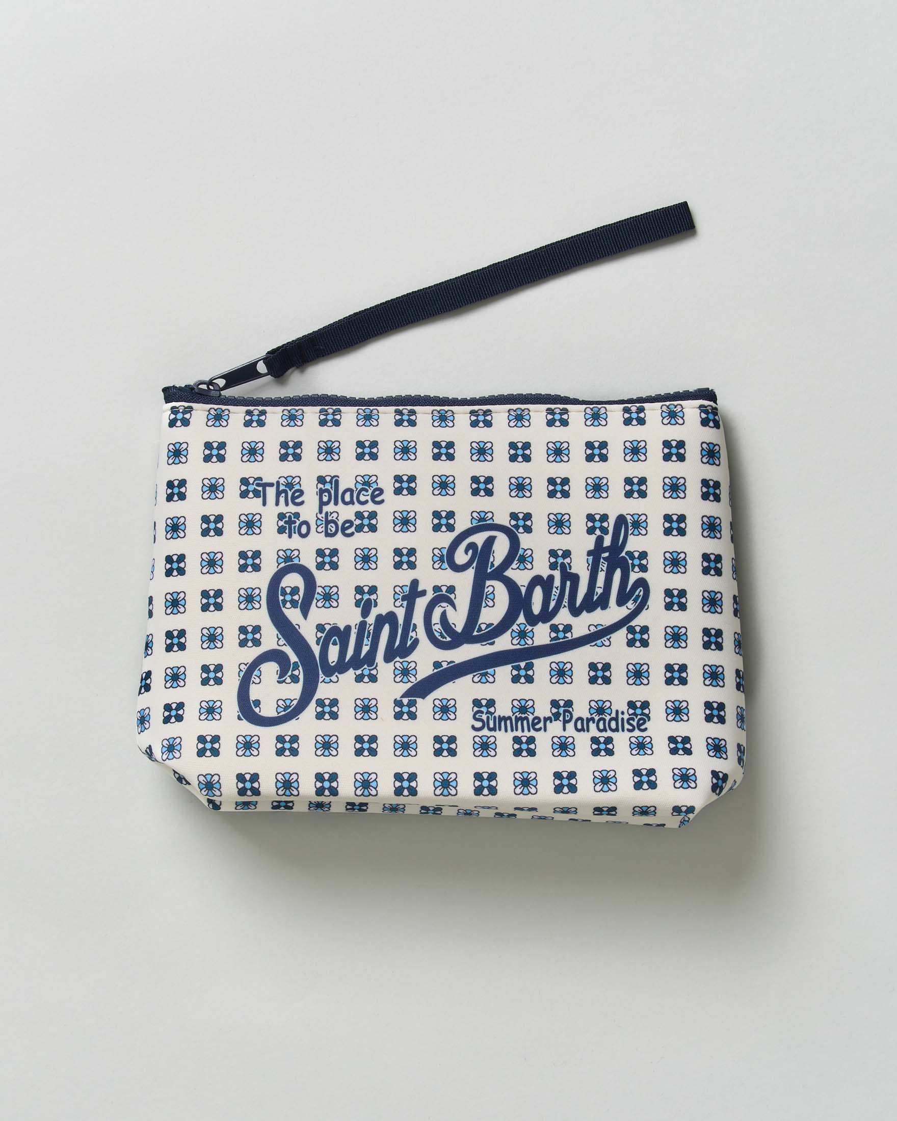 Pochette Aline bianca in neoprene con fantasia micro maioliche blu