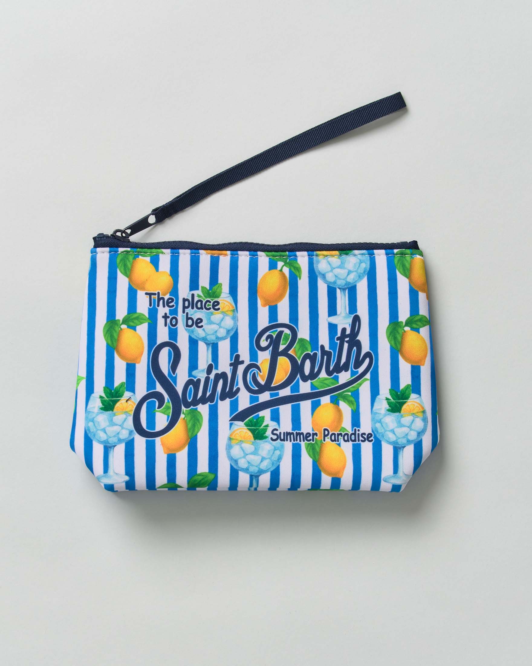 Pochette Aline a righe bianche e blu royal in neoprene con fantasia limoni e gin tonic