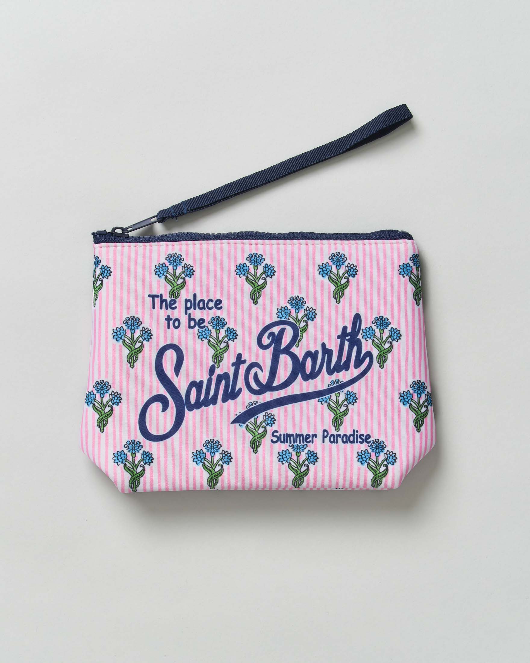 Pochette Aline a righe bianche e rosa in neoprene con fantasia fiori