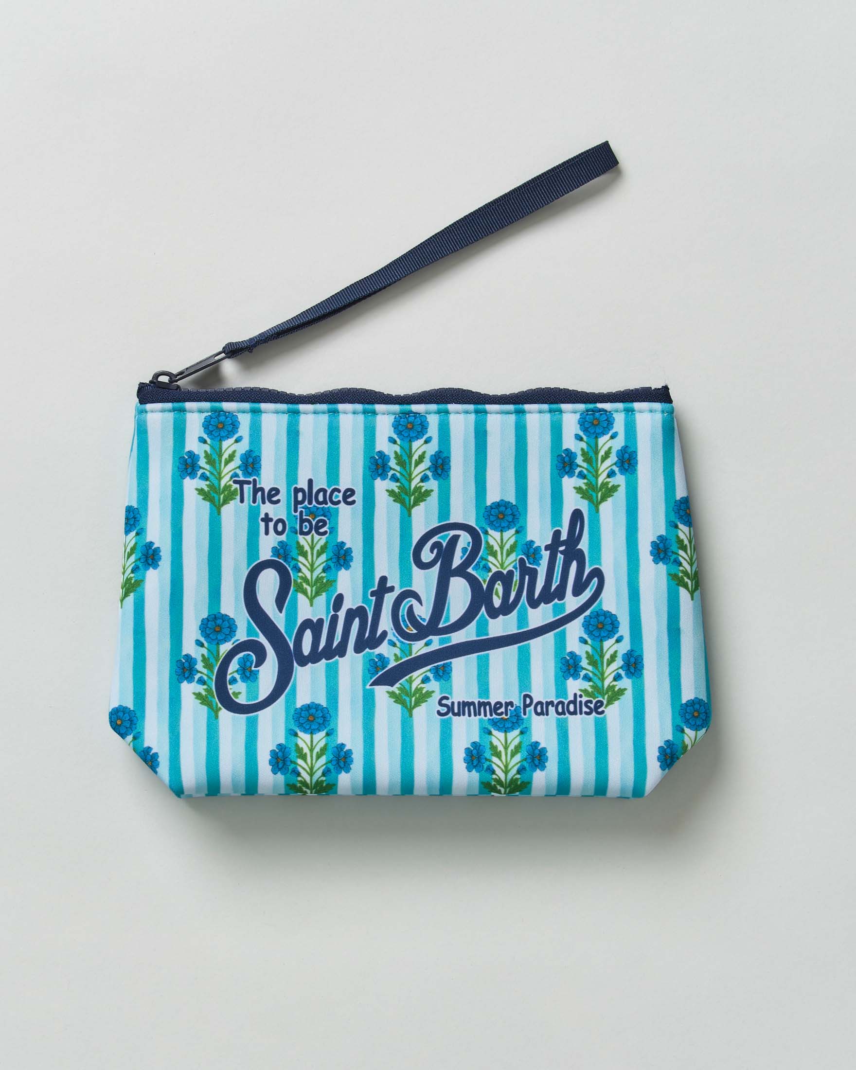 Pochette Aline a righe in neoprene con fantasia fiori