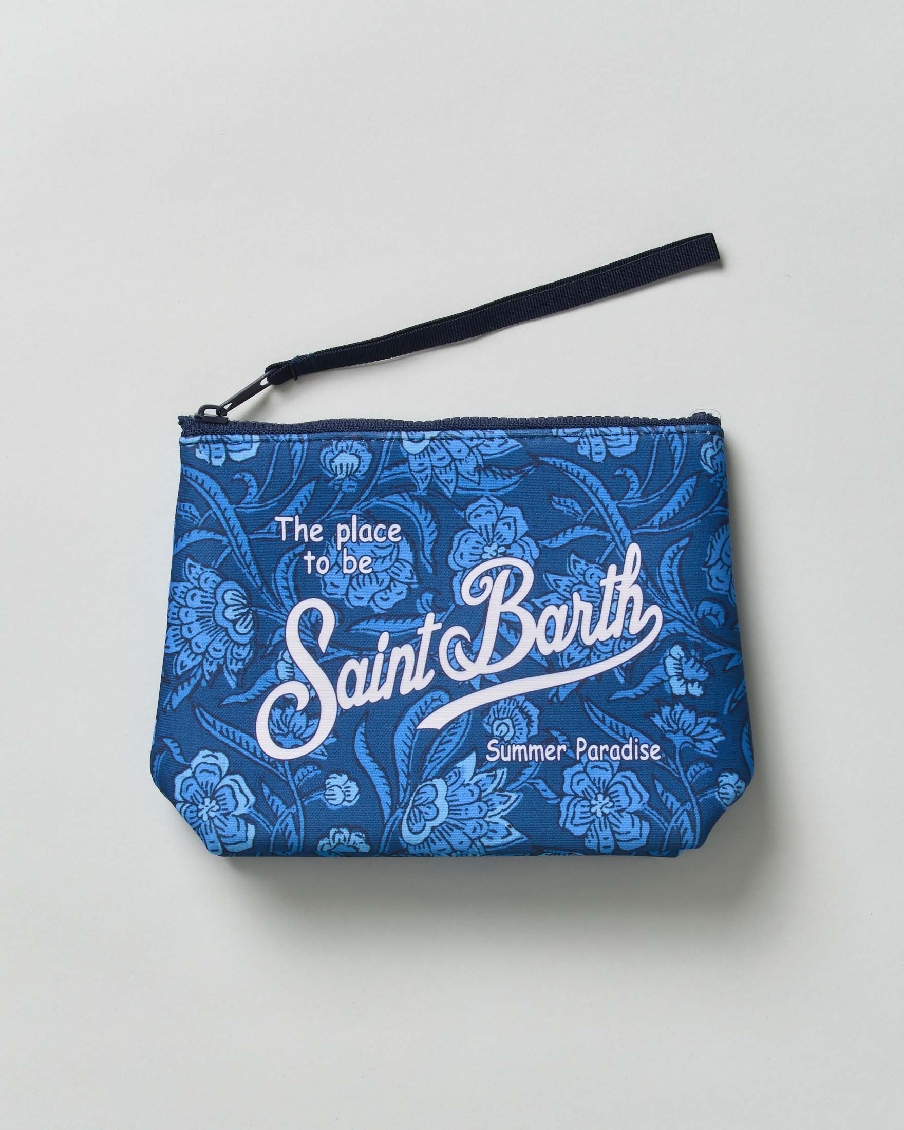 Pochette Aline blu indaco in neoprene con stampa floreale