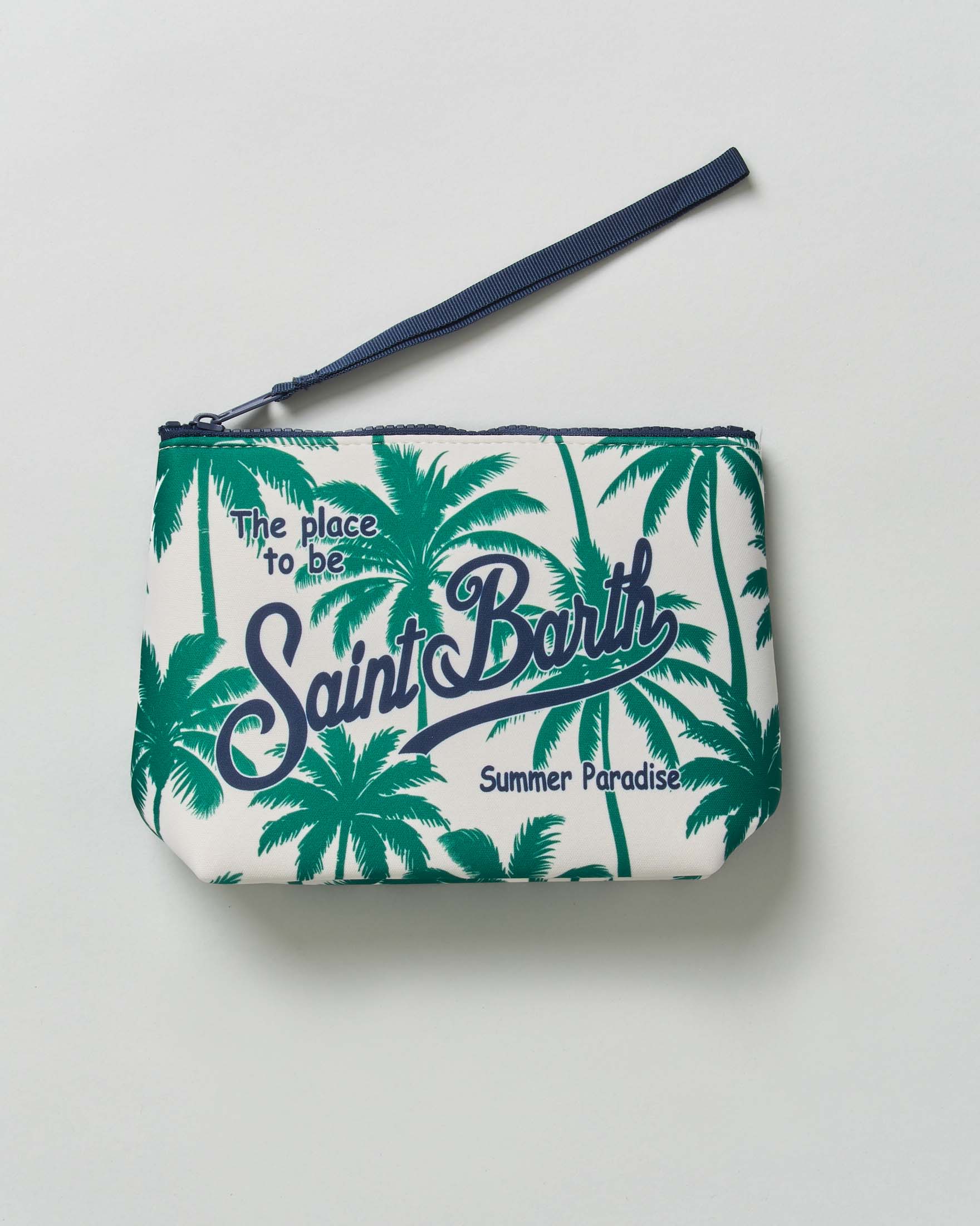 Pochette Aline bianca in neoprene con stampa palme verdi