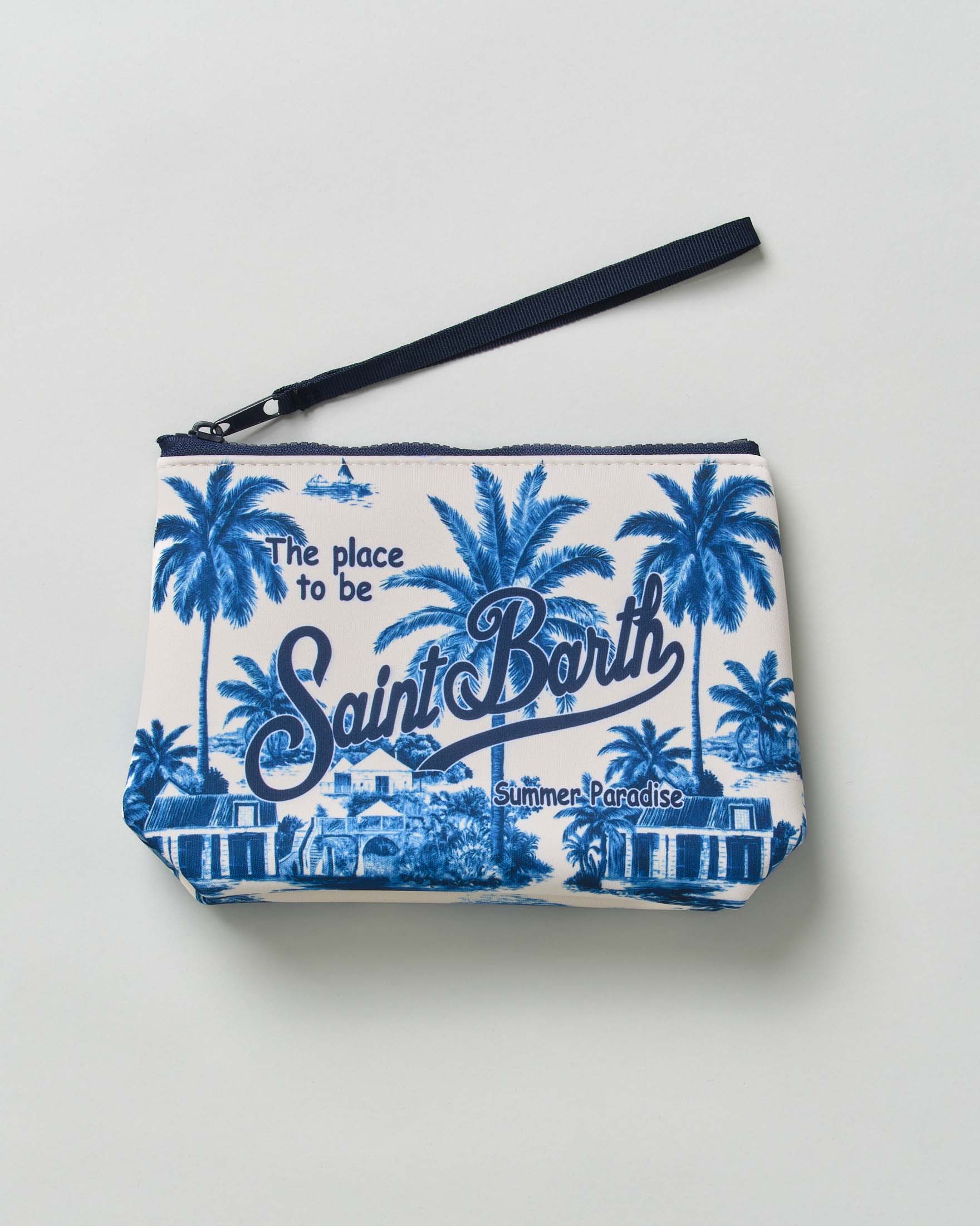 Pochette Aline bianca in neoprene con stampa fotografica a palme blu