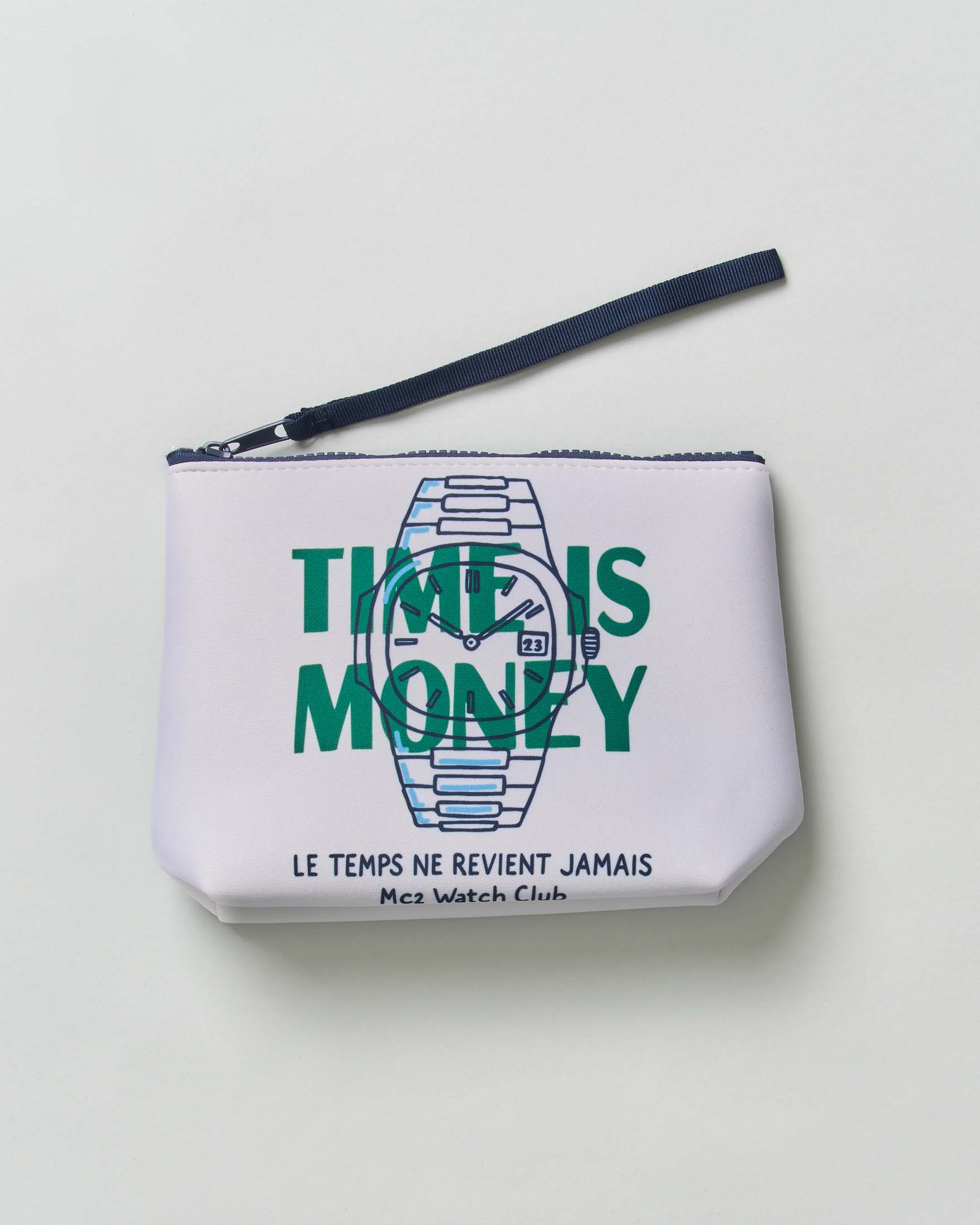Pochette Aline bianca in neoprene con stampa grafica orologio e scritta Time Is Money
