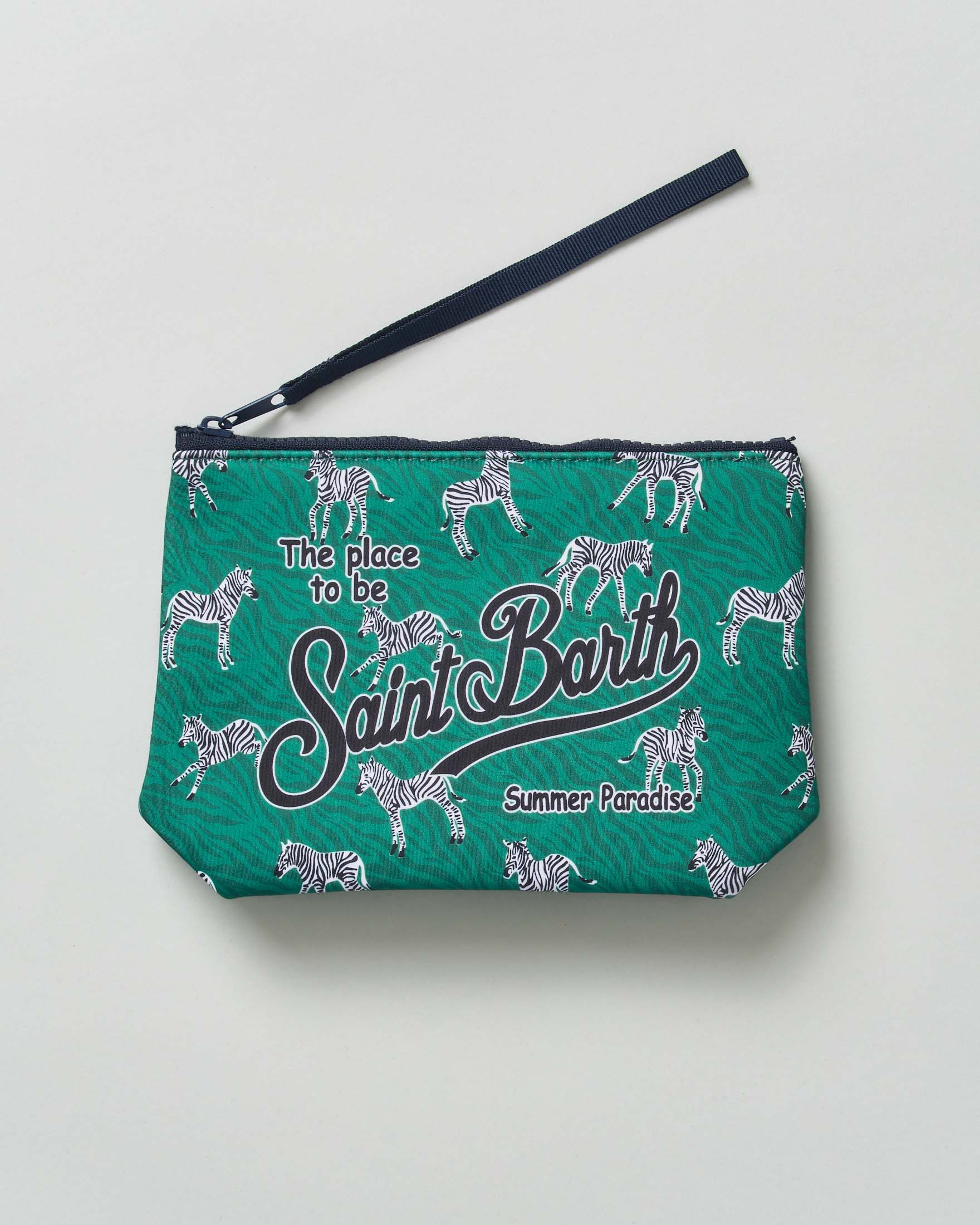 Pochette Aline verde in neoprene con stampa zebre