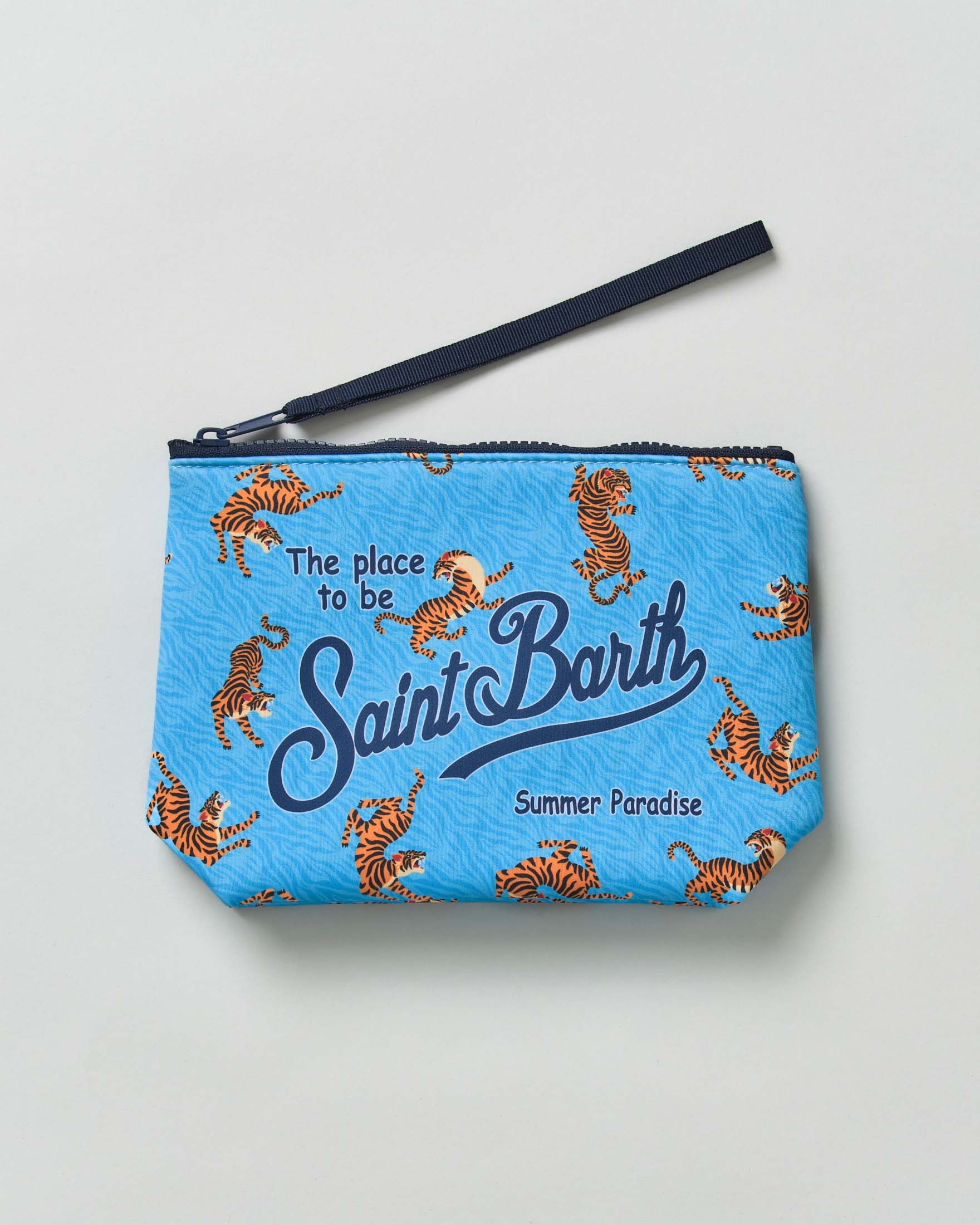Pochette Aline celeste in neoprene con stampa tigri