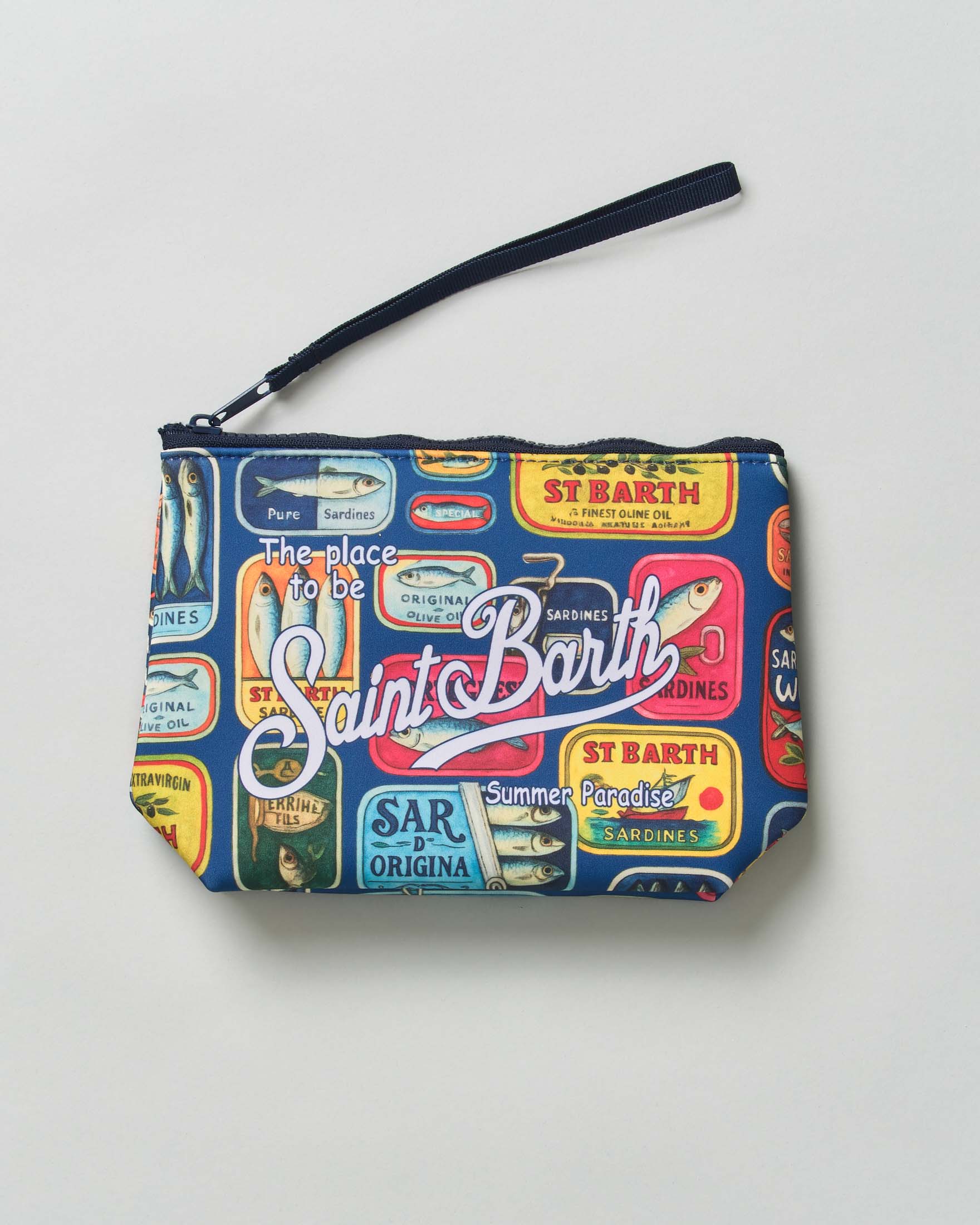 Pochette Aline in neoprene con stampa scatole di sardine