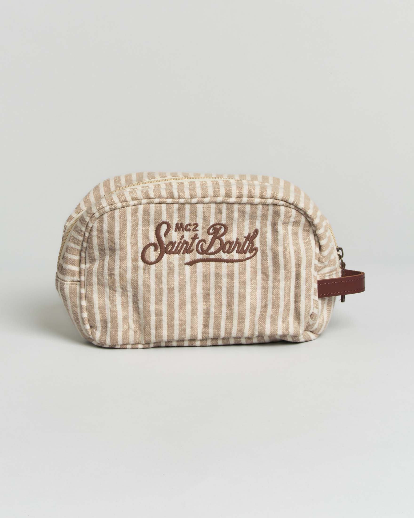 Beauty case Westwood MC2 Saint Barth in lino a righe beige e bianche