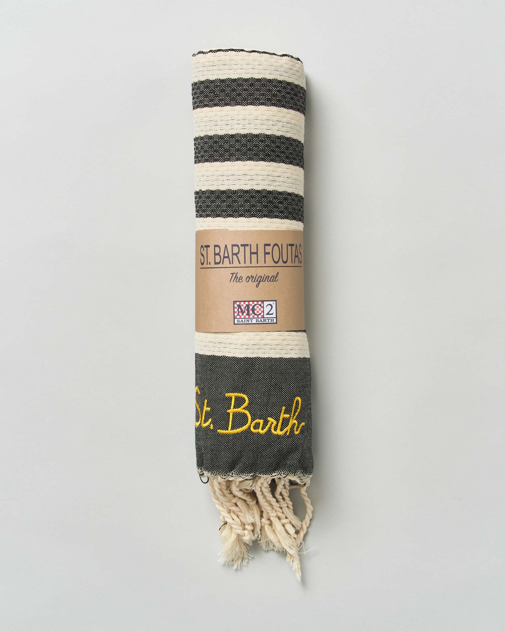 Telo mare MC2 Saint Barth nero in cotone a righe panna con frange al fondo e scritta logo ricamata