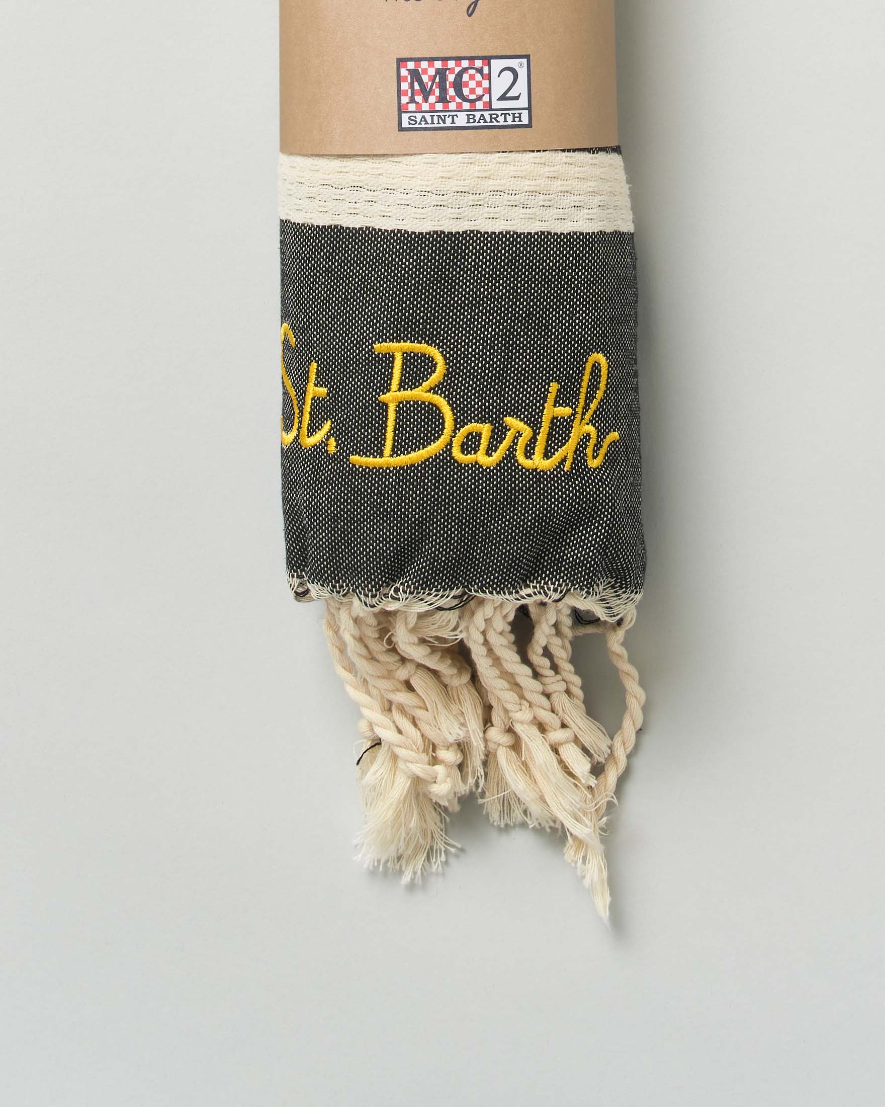 Telo mare MC2 Saint Barth nero in cotone a righe panna con frange al fondo e scritta logo ricamata image