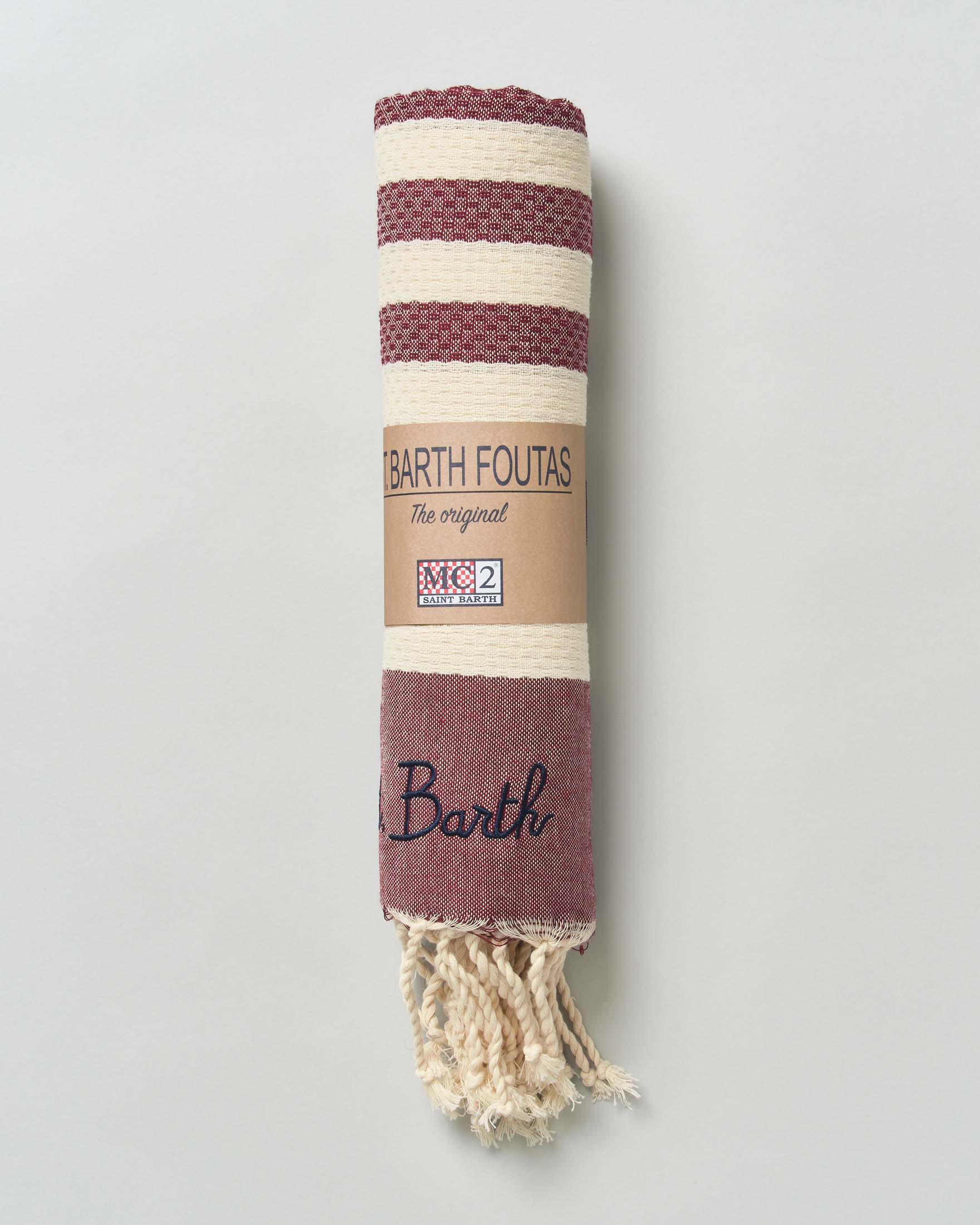 Telo mare MC2 Saint Barth bordeaux in cotone a righe panna con frange al fondo e scritta logo ricamata