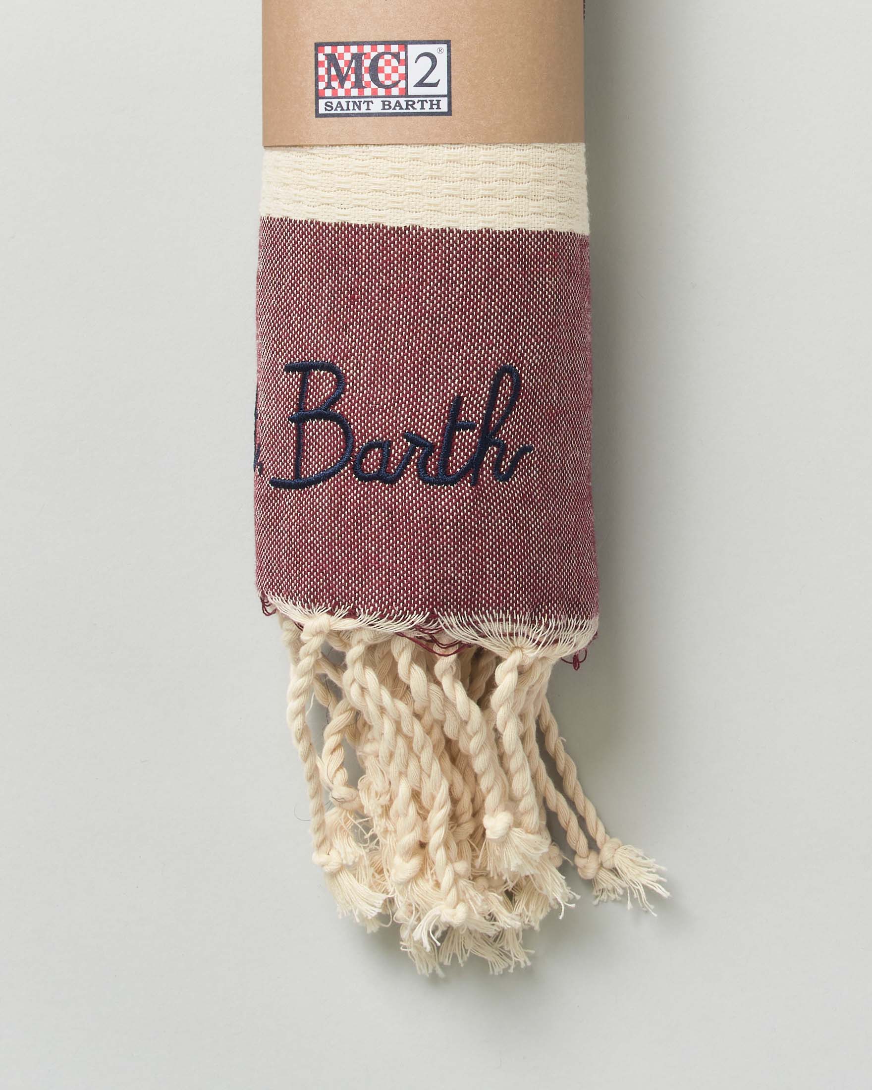 Telo mare MC2 Saint Barth bordeaux in cotone a righe panna con frange al fondo e scritta logo ricamata image