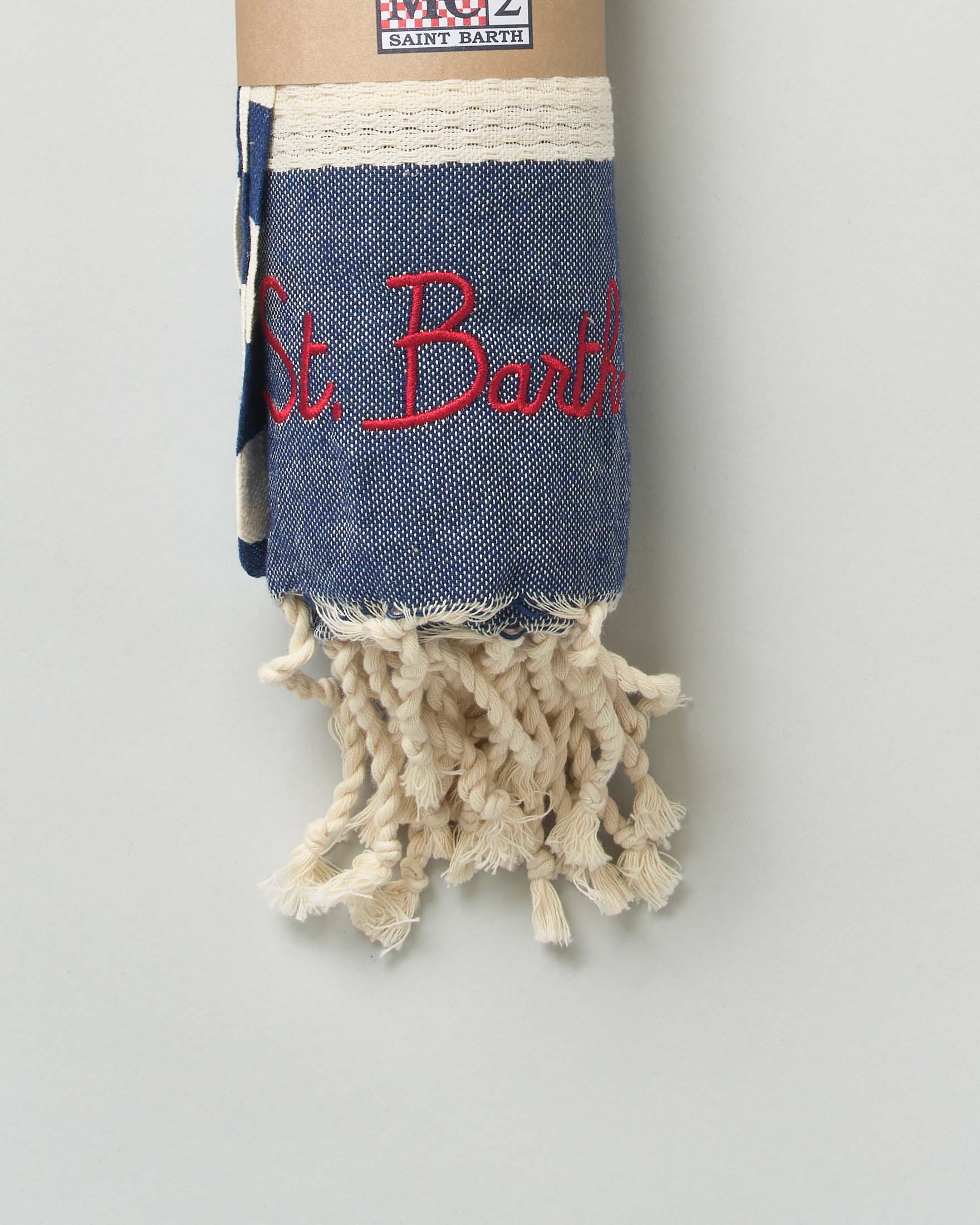 Telo mare MC2 Saint Barth blu in cotone a righe panna con frange al fondo e scritta logo ricamata image